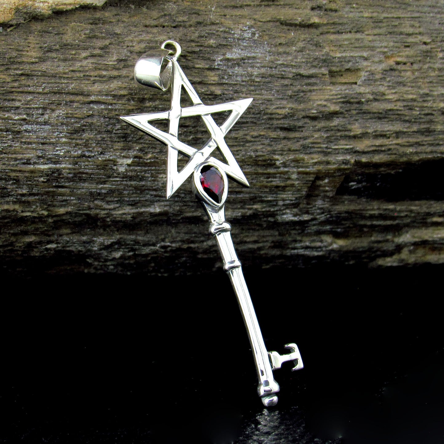 Solid 925 Sterling Silver Pentagram Key Gemstone Pendant – Amethyst Garnet Moonstone Labradorite Topaz