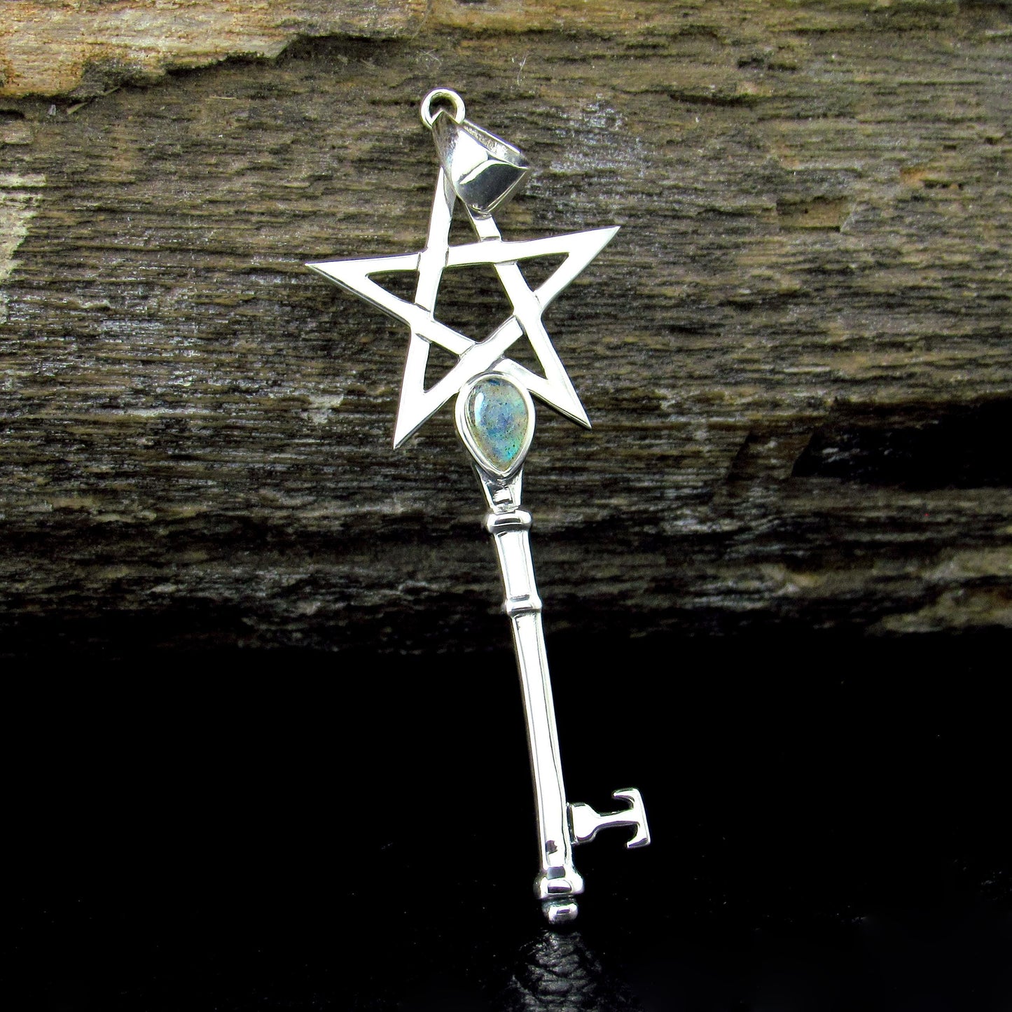 Solid 925 Sterling Silver Pentagram Key Gemstone Pendant – Amethyst Garnet Moonstone Labradorite Topaz