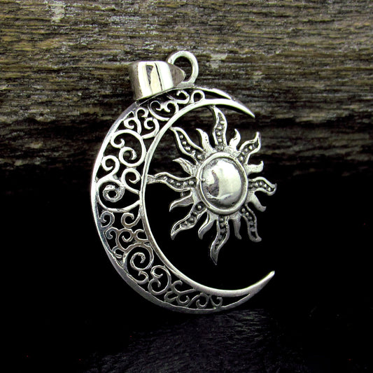 Solid 925 Sterling Silver Sun and Moon Pendant – Celestial Filigree Lunar Solar Talisman