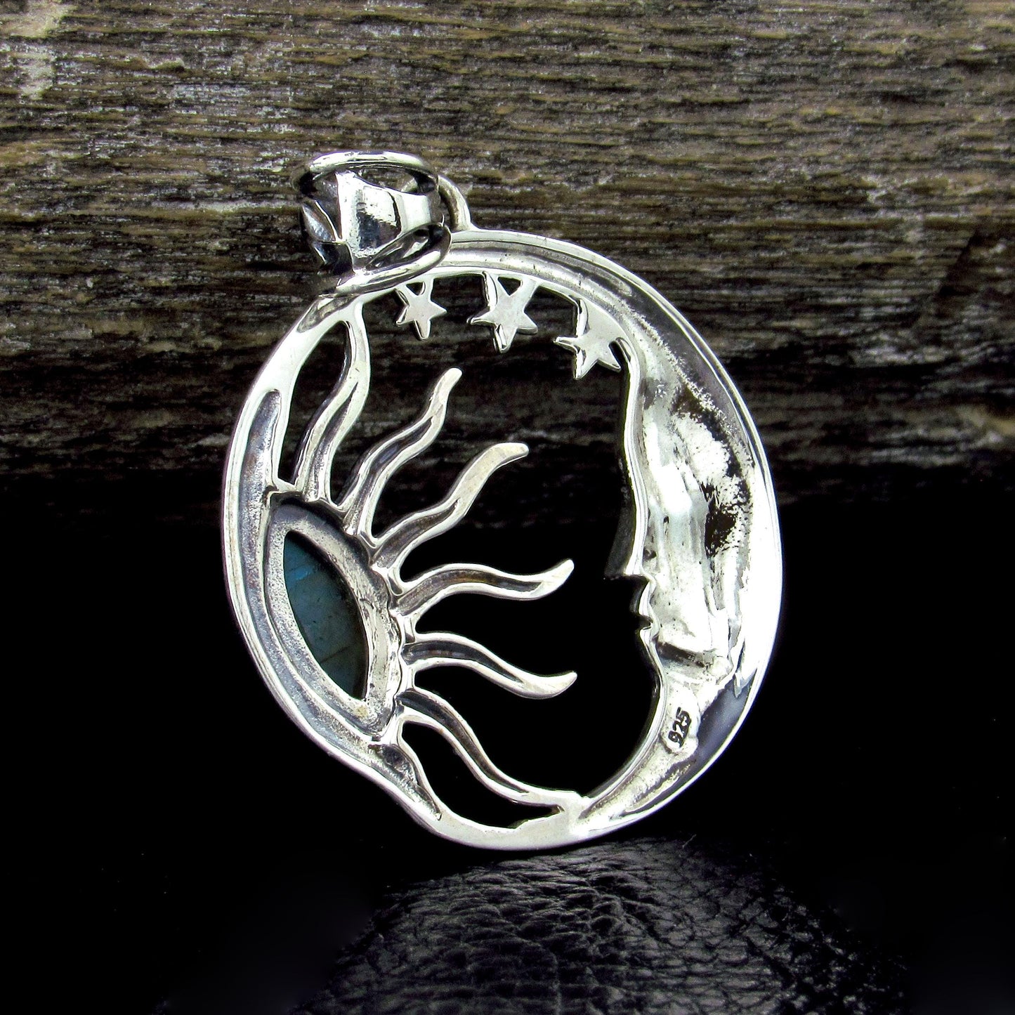 Solid 925 Sterling Silver Sun and Moon Pendant – Labradorite or Rainbow Moonstone Necklace Amulet