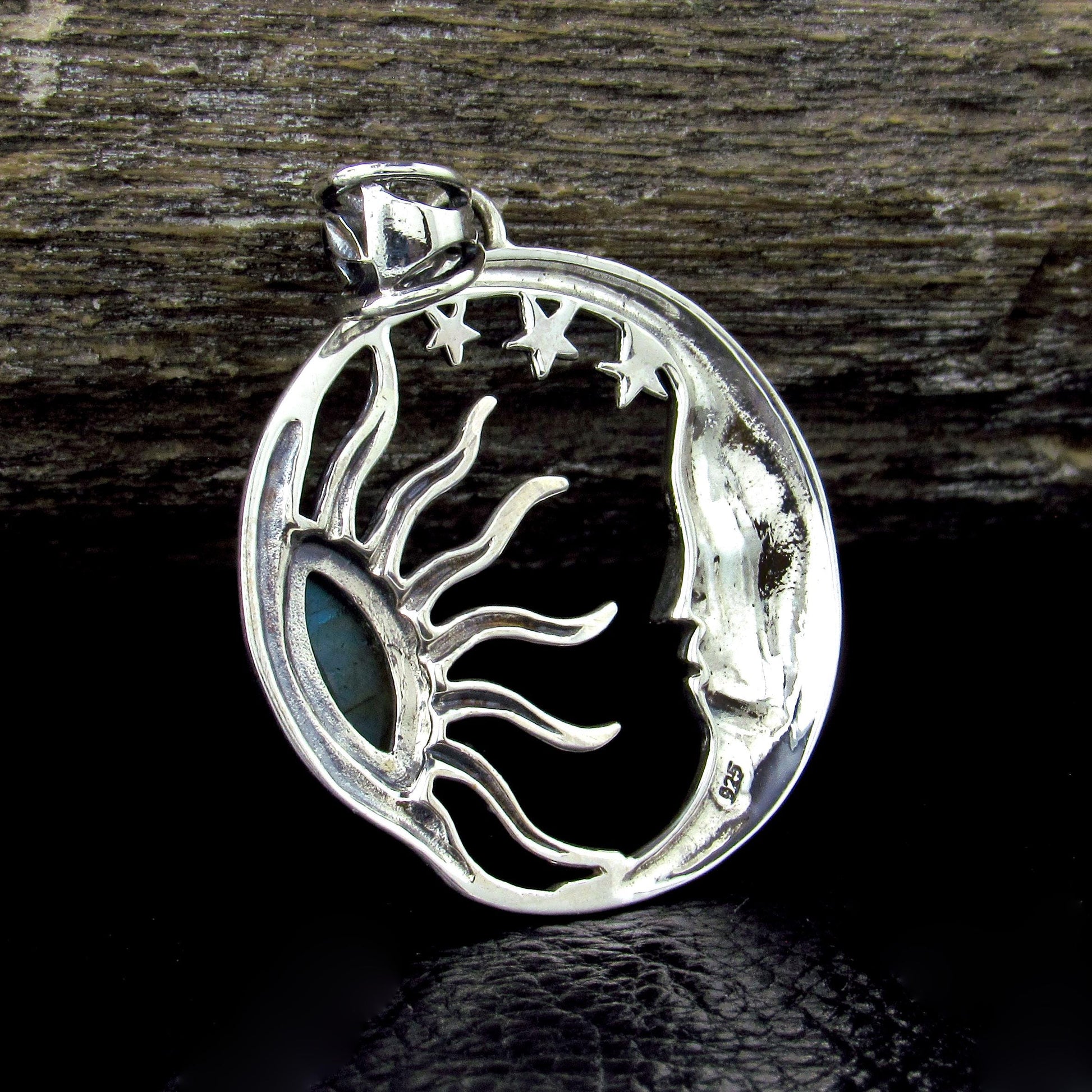 Solid 925 Sterling Silver Sun and Moon Pendant – Labradorite or Rainbow Moonstone Necklace Amulet