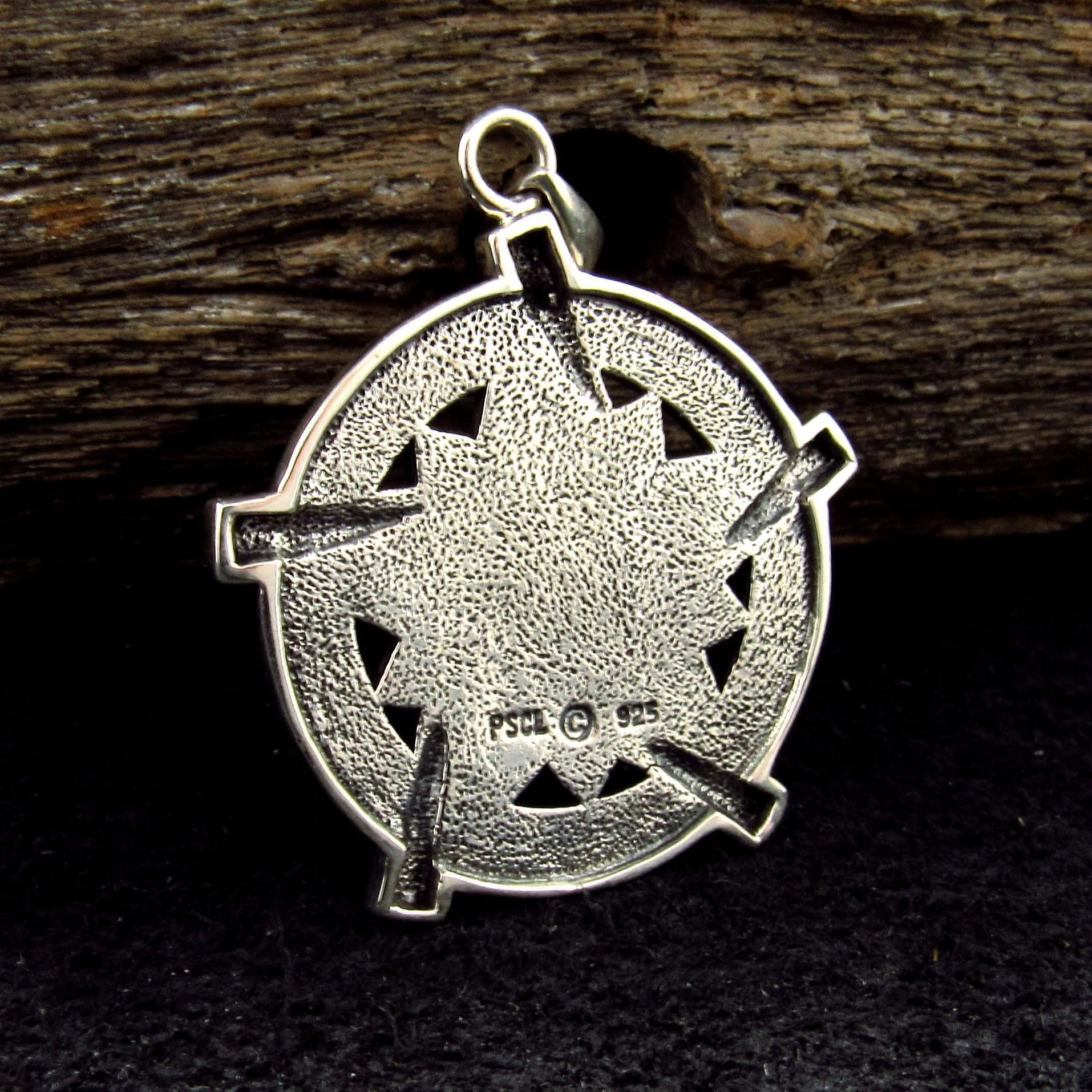Solid 925 Sterling Silver Universal Broom Pentacle Pendant with Zodiac Symbols, Pagan Jewelry Amulet