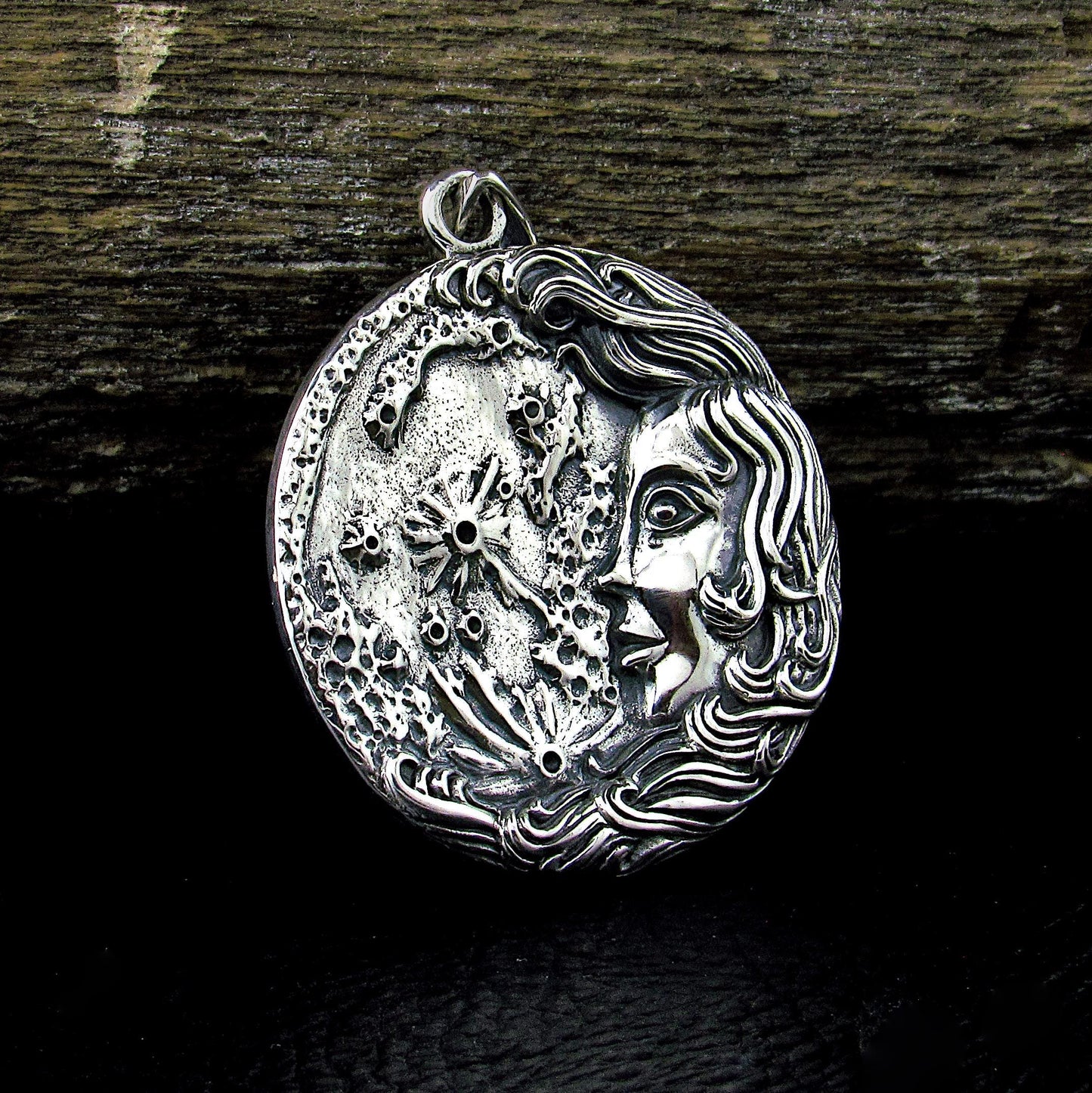 Solid 925 Sterling Silver Moon Maiden Pendant, Oberon Zell Blue Enamel Celestial Goddess Amulet