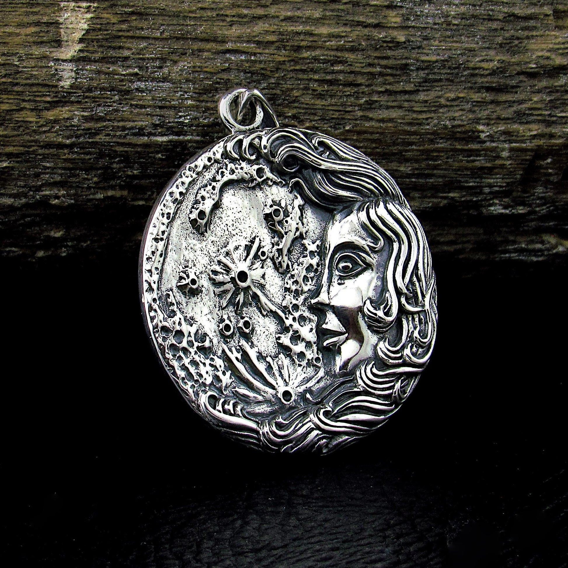 Solid 925 Sterling Silver Moon Maiden Pendant, Oberon Zell Blue Enamel Celestial Goddess Amulet