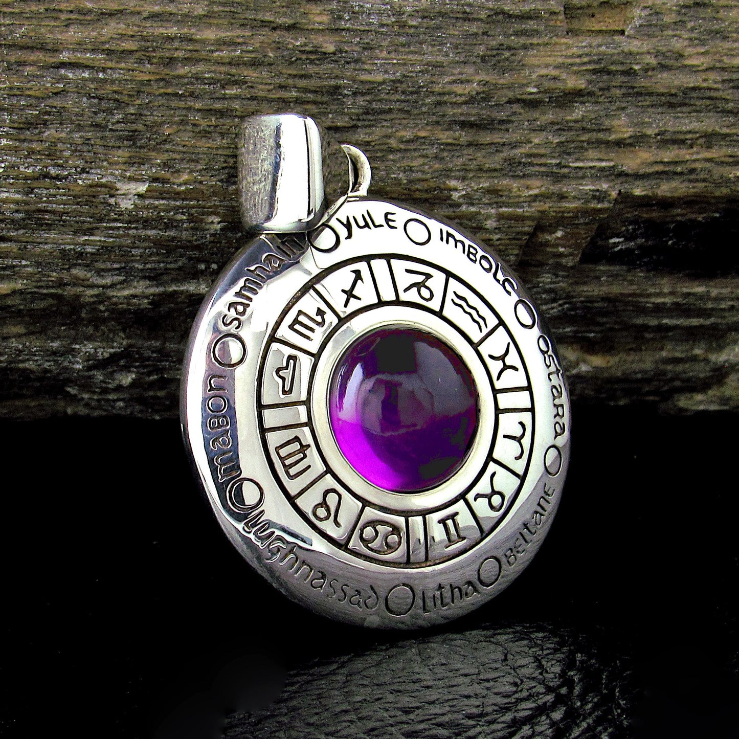 Solid 925 Sterling Silver Wheel of the Year Zodiac Pendant With Amethyst or Moonstone