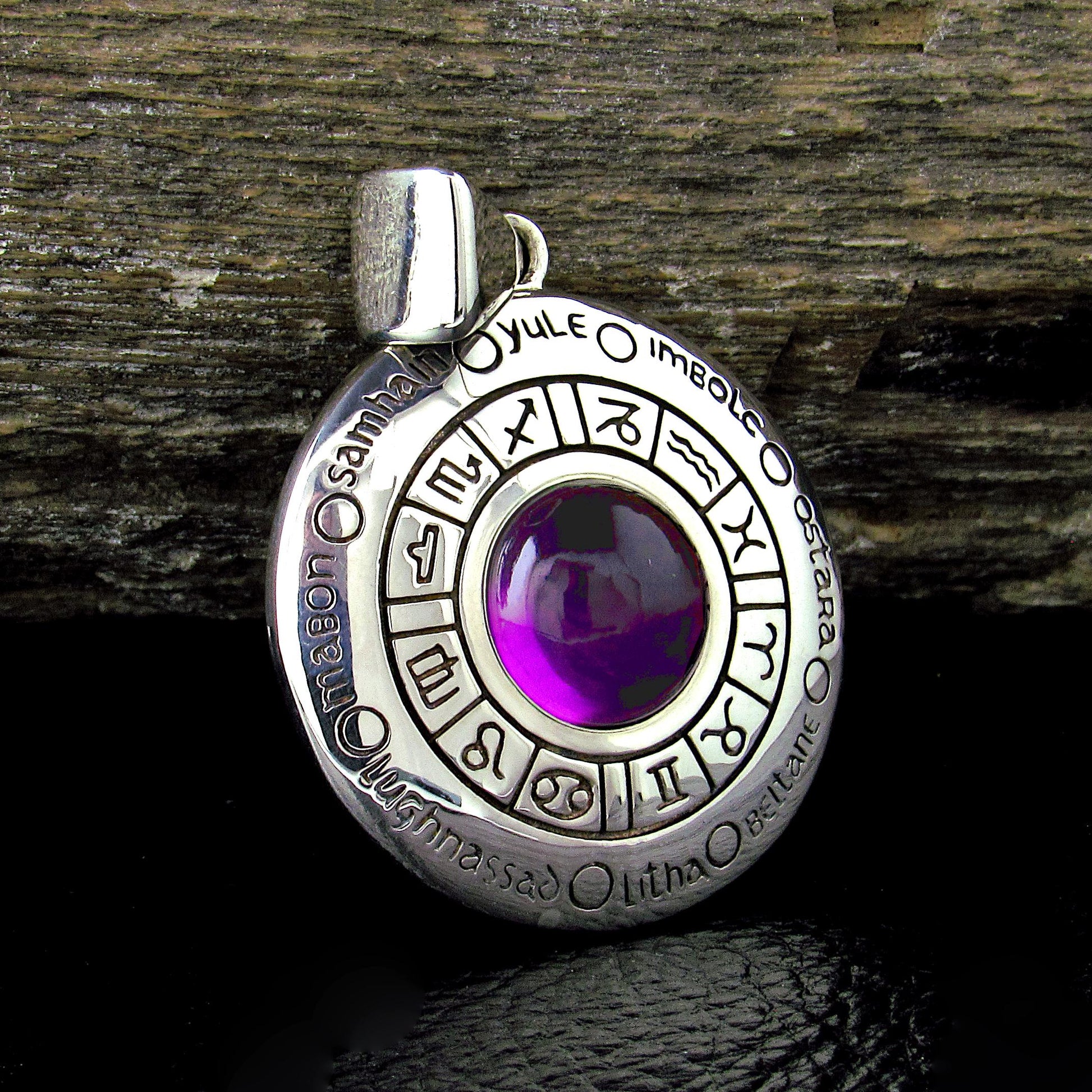 Solid 925 Sterling Silver Wheel of the Year Zodiac Pendant With Amethyst or Moonstone