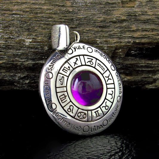 Solid 925 Sterling Silver Wheel of the Year Zodiac Pendant With Amethyst or Moonstone