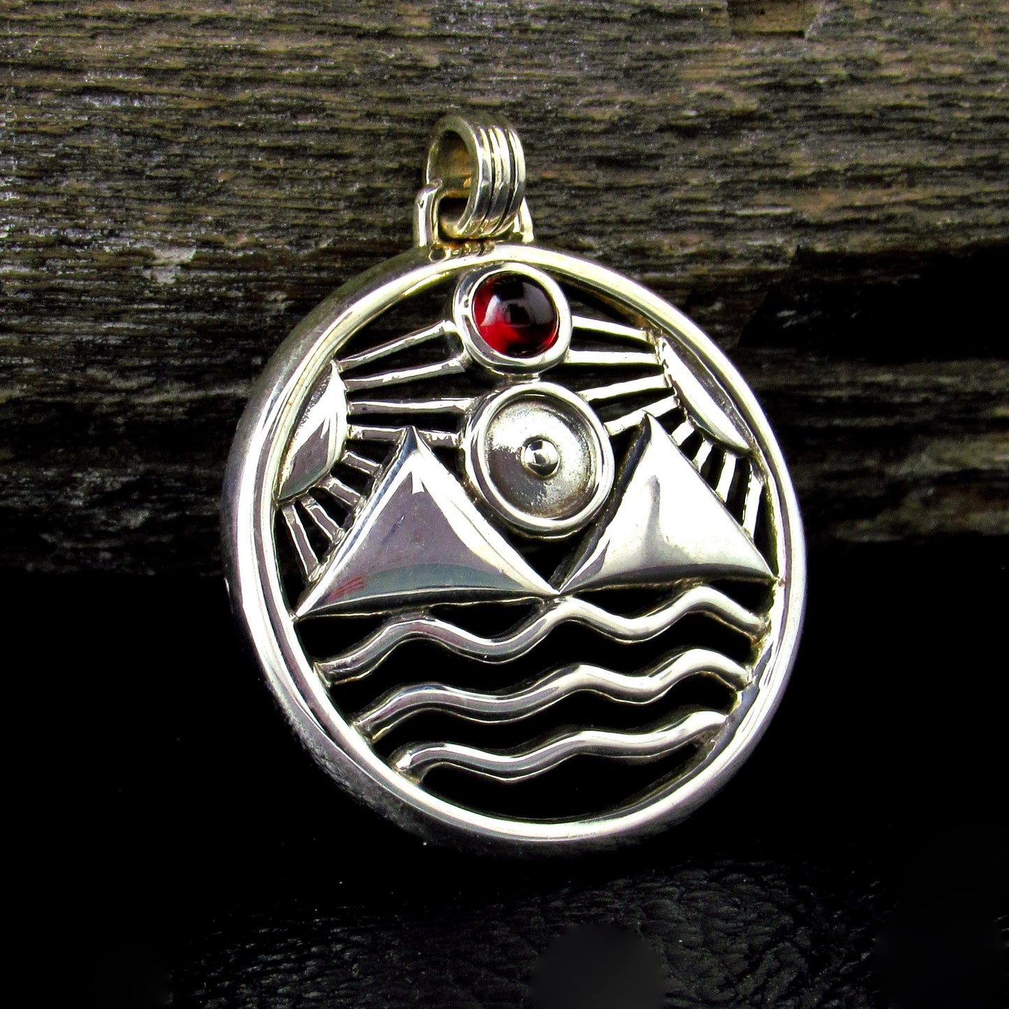 Solid 925 Sterling Silver Protection Talisman – Four Elements Pagan Pendant – Amethyst Garnet Moonstone