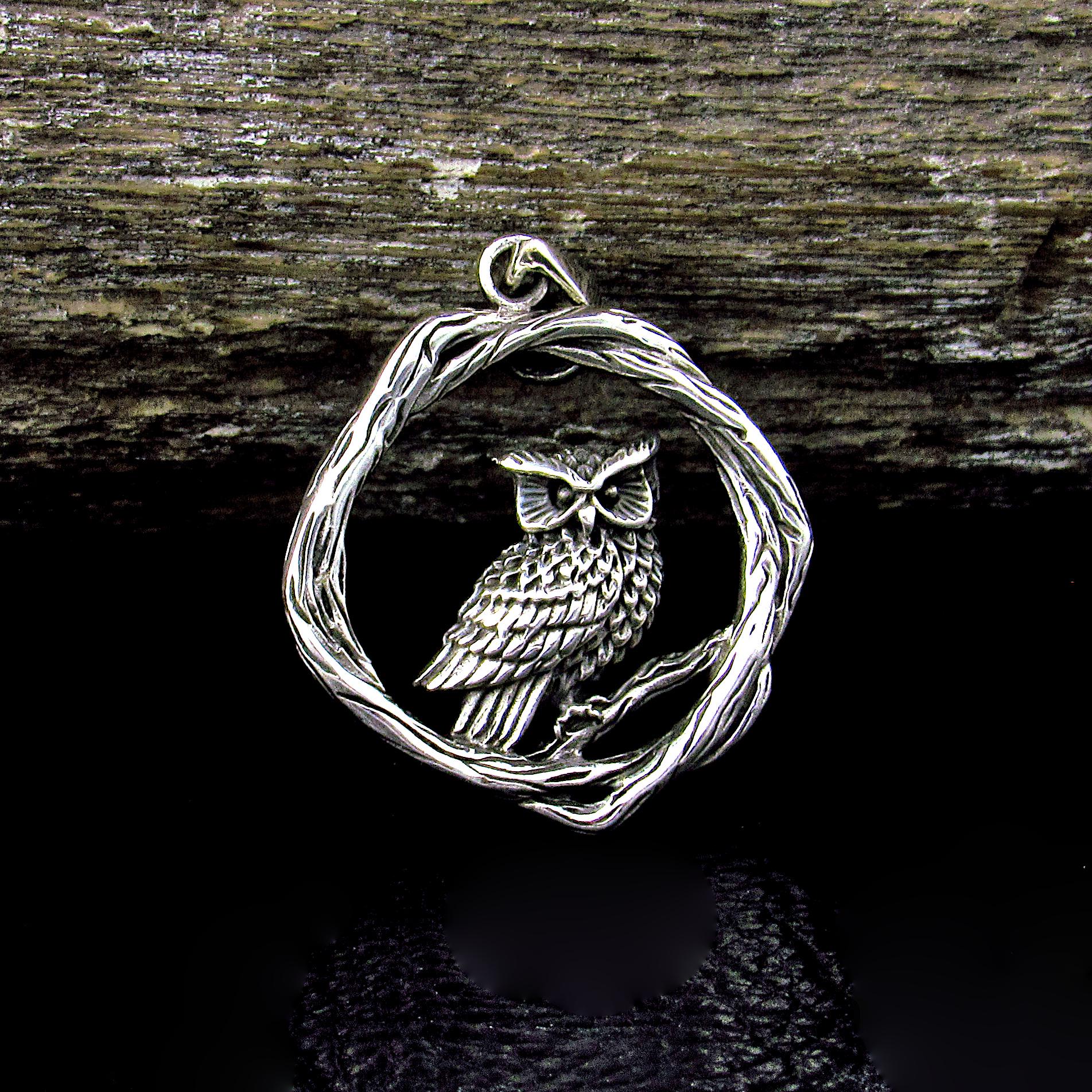Solid 925 Sterling Silver Owl Pendant - Woodland Owl Perched on Twisted Branches Amulet