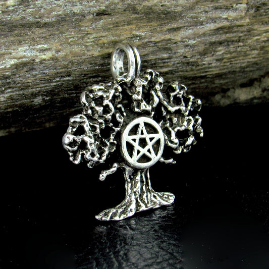 Solid 925 Sterling Silver Tree of Life Pentacle Pendant – Sacred Oak Pentagram Pagan Amulet