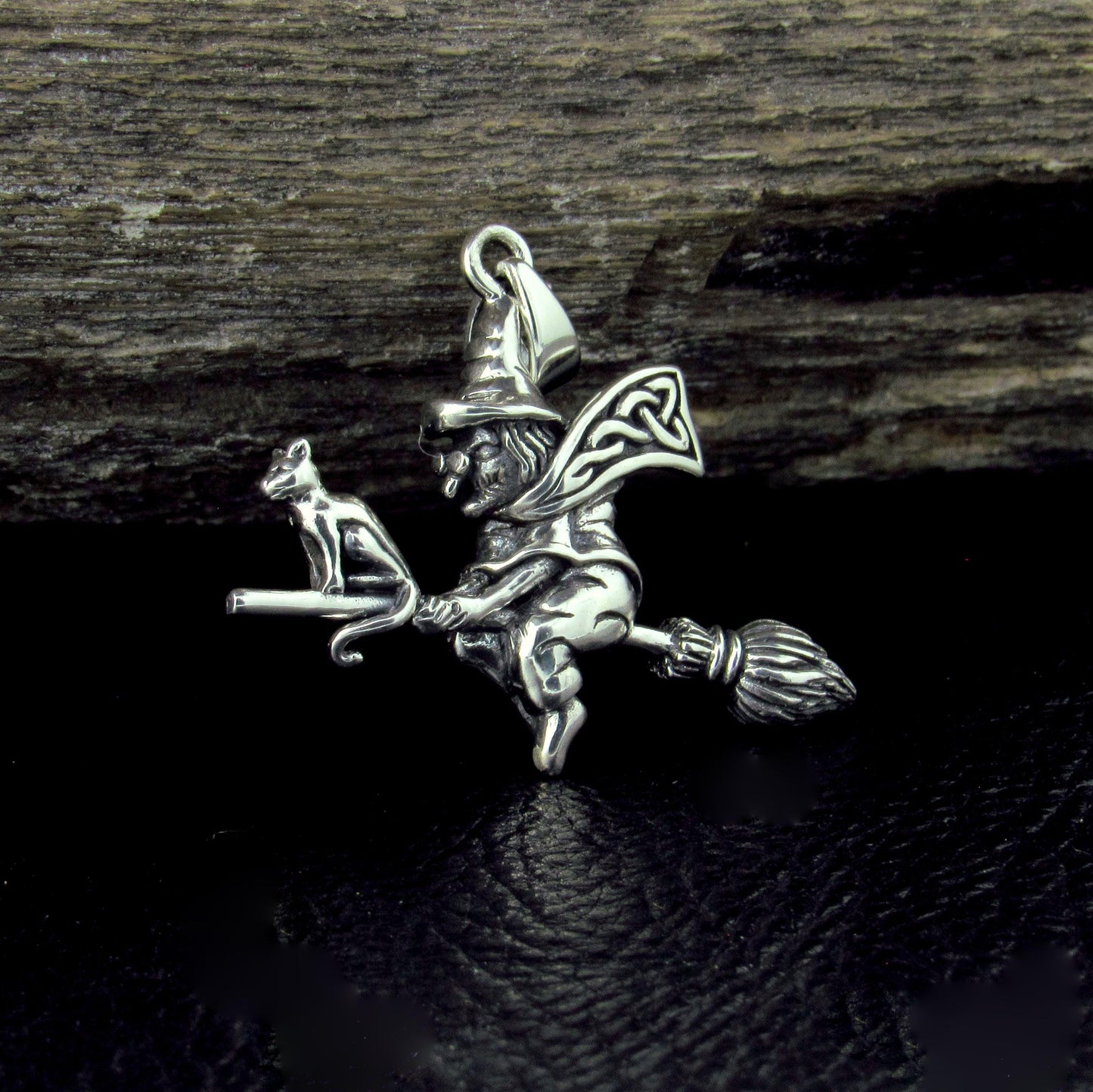 Solid 925 Sterling Silver Flying Witch on Broom with Cat Familiar Pendant, Gothic Jewelry