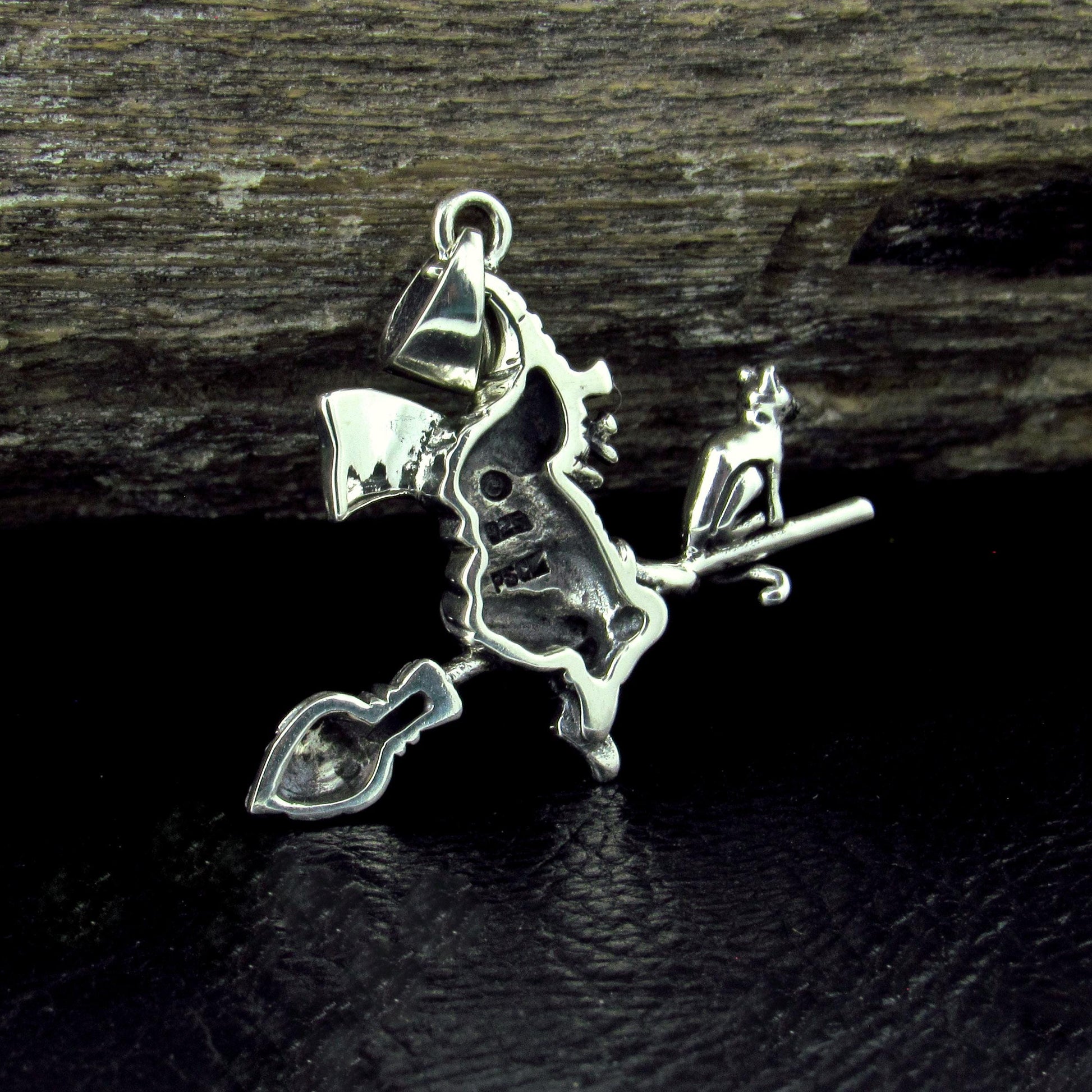 Solid 925 Sterling Silver Flying Witch on Broom with Cat Familiar Pendant, Gothic Jewelry