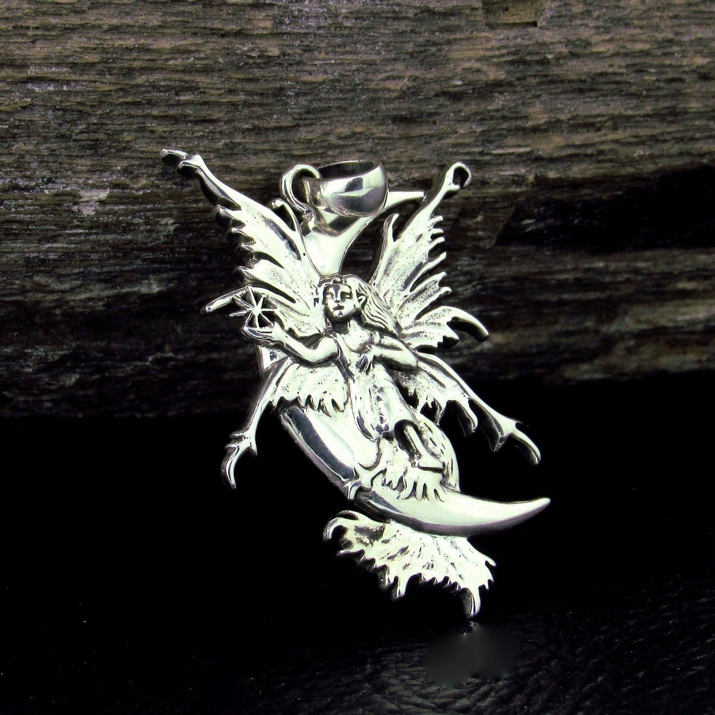Solid 925 Sterling Silver Crescent Moon Fairy Pendant by Amy Brown, Gothic Art Jewelry