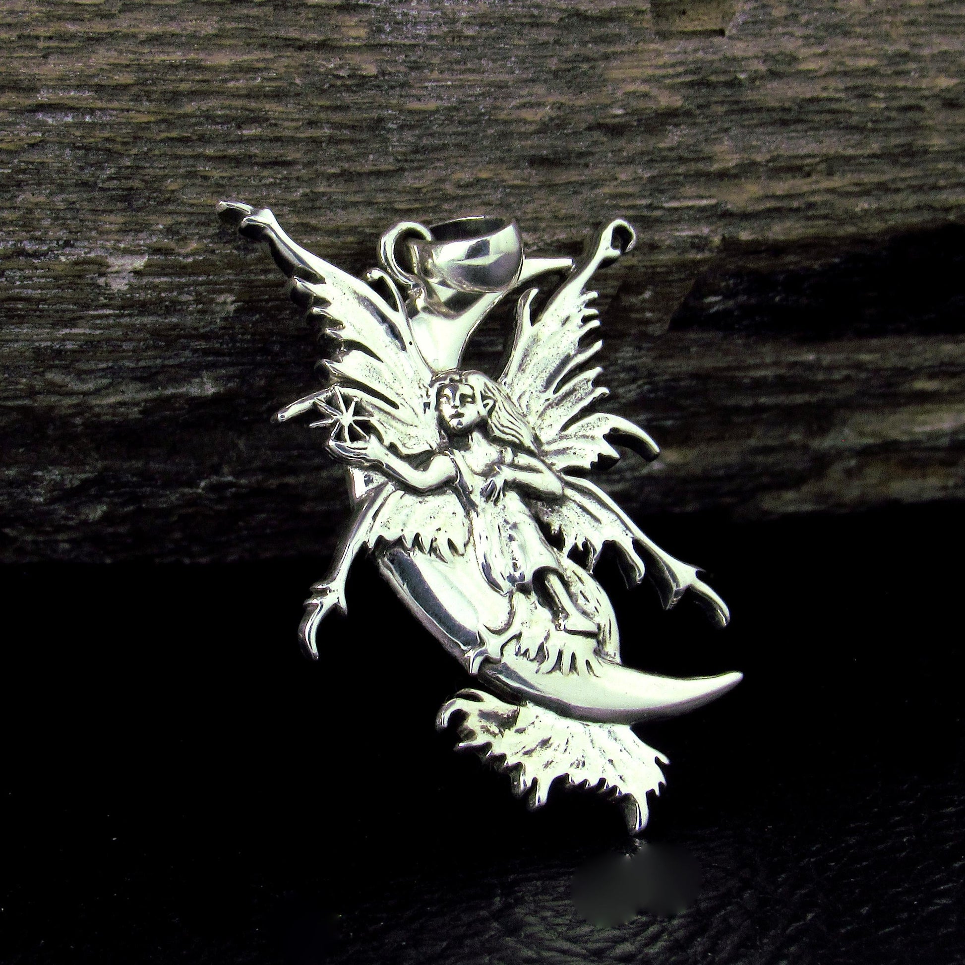 Solid 925 Sterling Silver Crescent Moon Fairy Pendant by Amy Brown, Gothic Art Jewelry