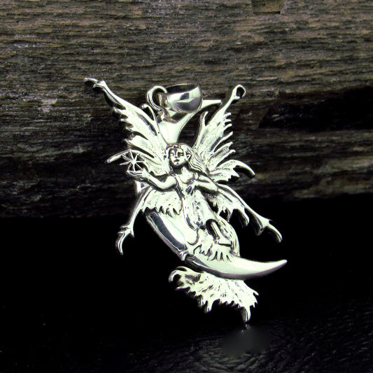 Solid 925 Sterling Silver Crescent Moon Fairy Pendant by Amy Brown, Gothic Art Jewelry