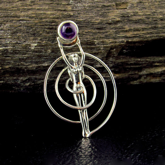 Solid 925 Sterling Silver Spiral Goddess Pendant – Fertility Goddess with Amethyst, Garnet, Moonstone, Topaz