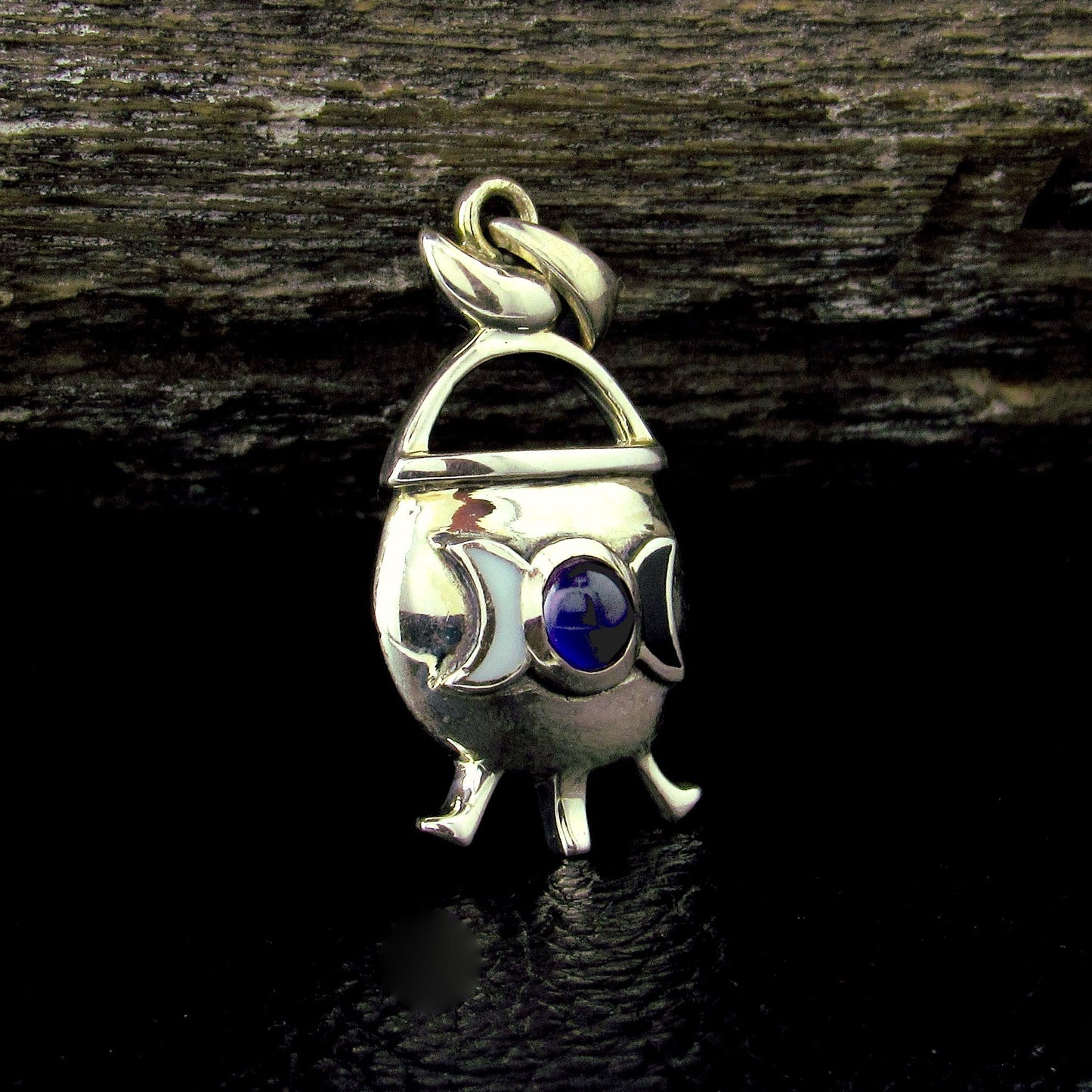 Solid 925 Sterling Silver Witch Cauldron Triple Moon Pendant, Choose Amethyst, Garnet, Moonstone, Topaz