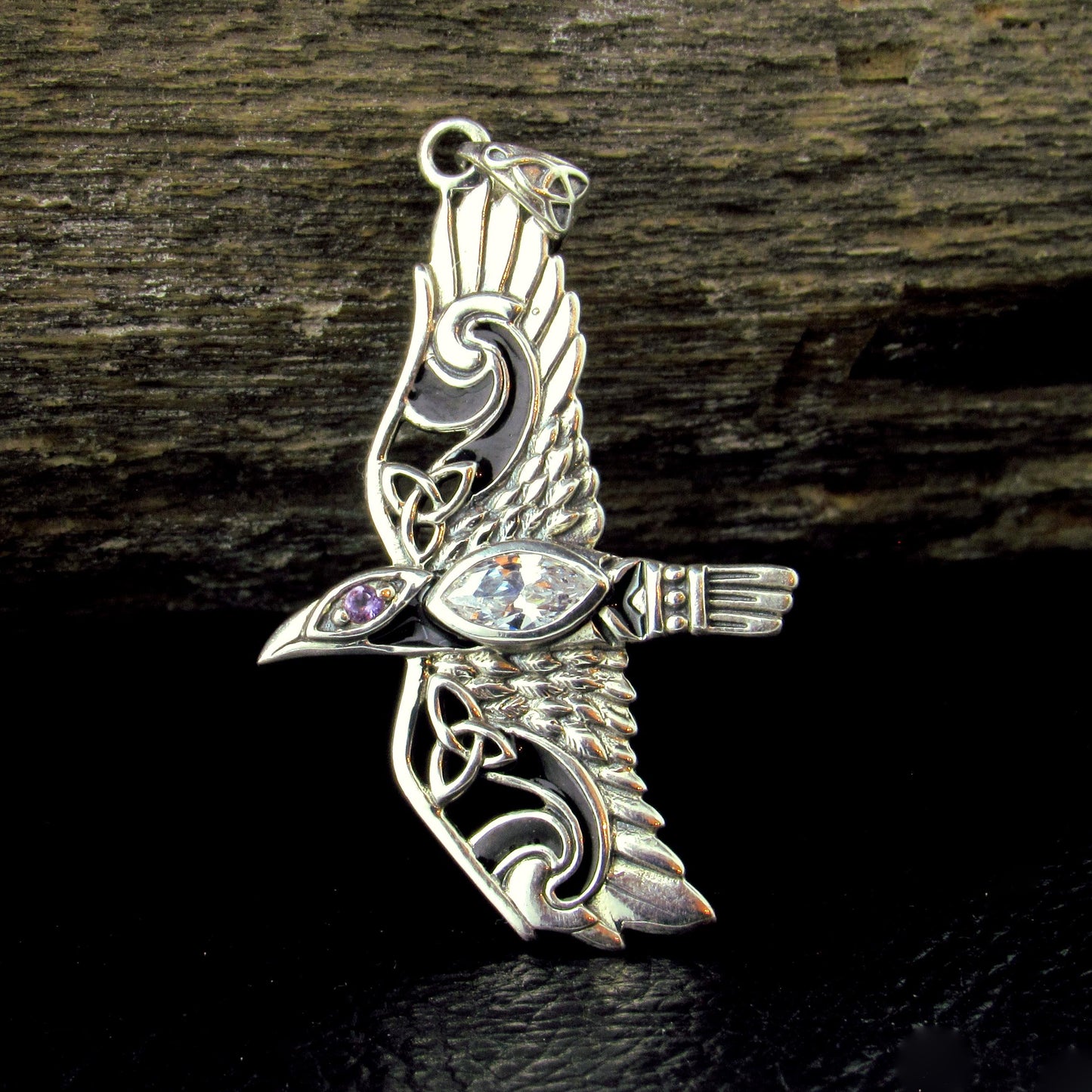 Solid 925 Sterling Silver Raven Pendant in Flight, Celtic Knot Bird with Faceted Gemstone – Amethyst Garnet Moonstone or Topaz
