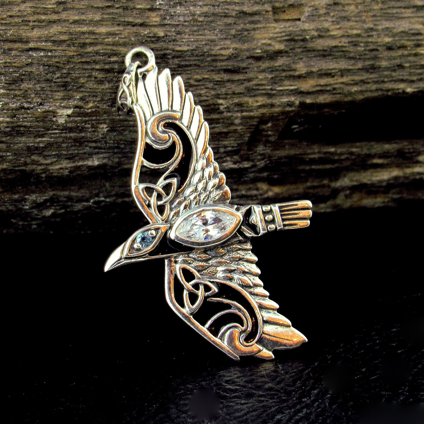 Solid 925 Sterling Silver Raven Pendant in Flight, Celtic Knot Bird with Faceted Gemstone – Amethyst Garnet Moonstone or Topaz