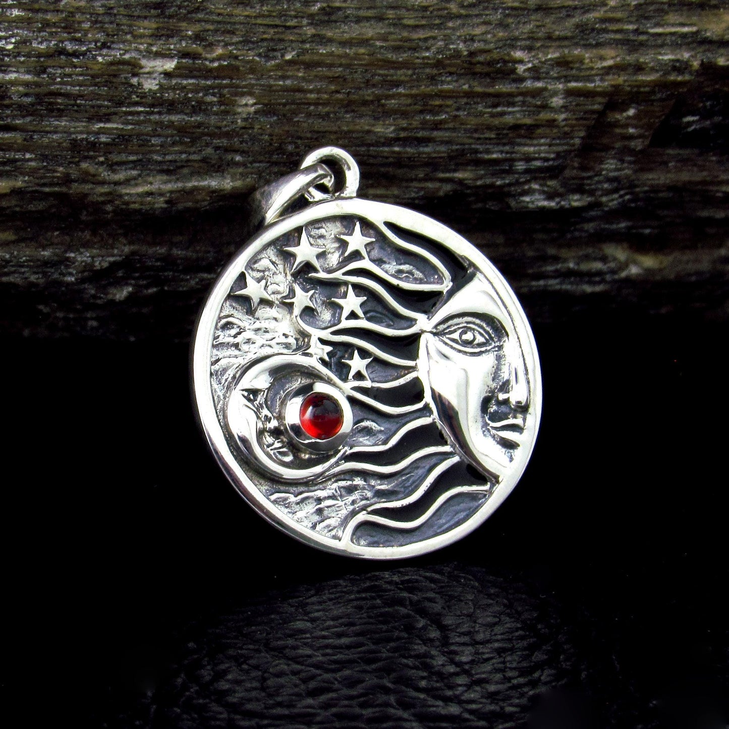 Solid 925 Sterling Silver Celestial Sun Moon Stars Pendant – Crescent Moon with Gemstone