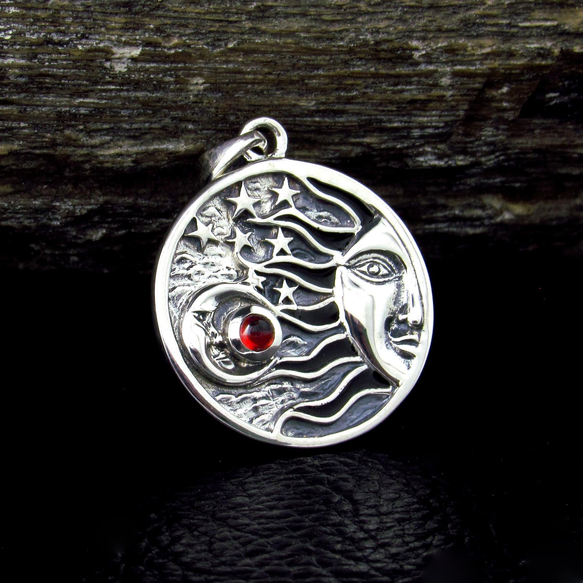 Solid 925 Sterling Silver Celestial Sun Moon Stars Pendant – Crescent Moon with Gemstone