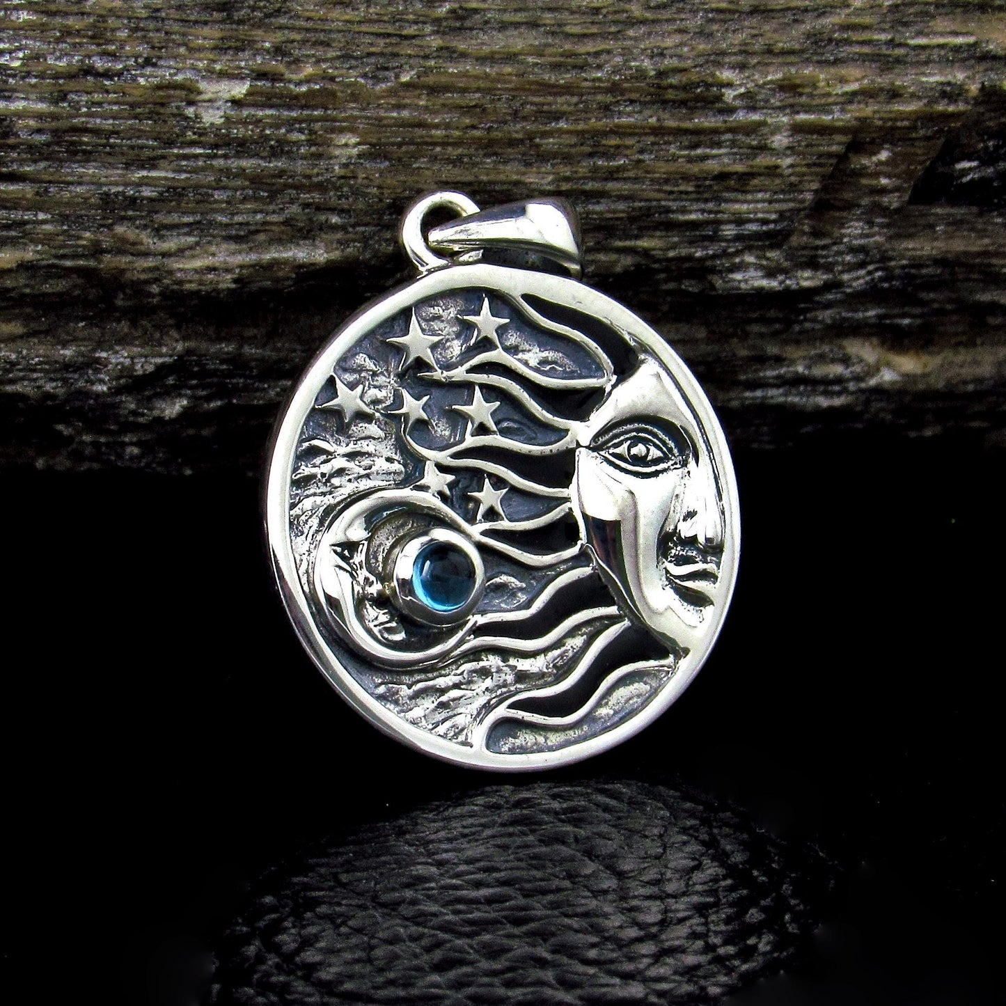 Solid 925 Sterling Silver Celestial Sun Moon Stars Pendant – Crescent Moon with Gemstone