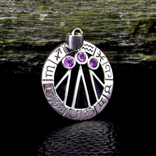 Solid 925 Sterling Silver Zodiac Wheel Awen Pendant – Druid Three Rays of Light Amulet