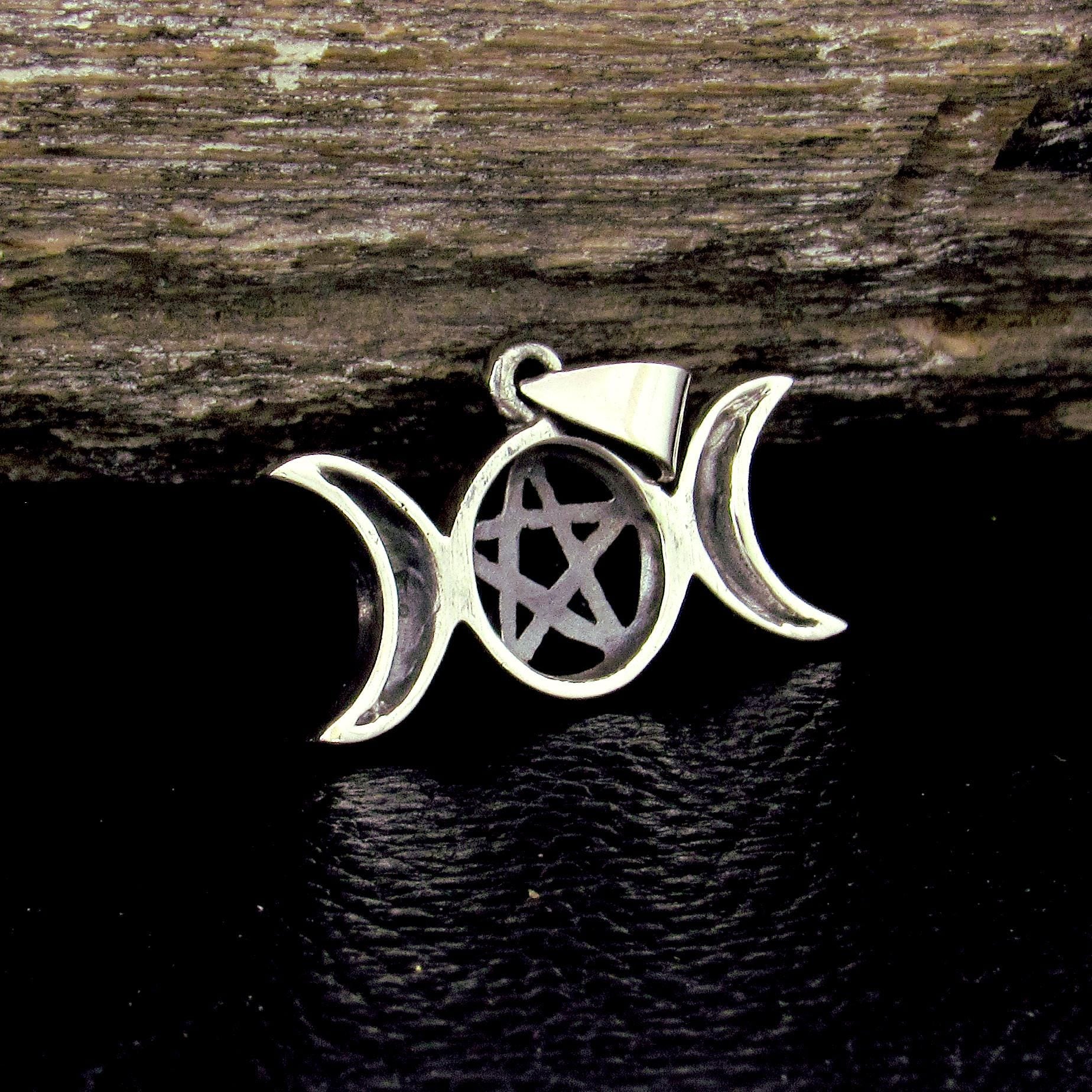 Solid 925 Sterling Silver Triple Moon Goddess Pendant with Pentagram – Moon Phases Pentacle