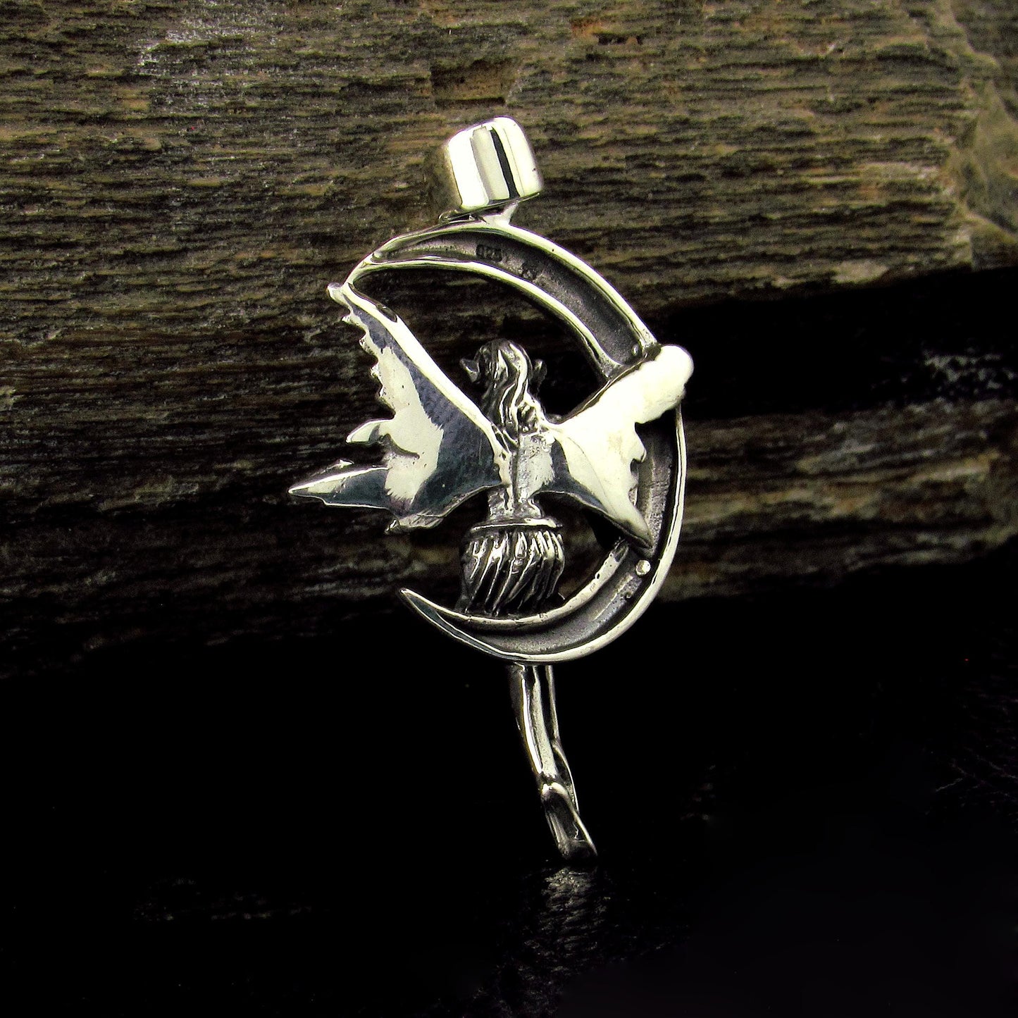 Solid 925 Sterling Silver Fairy on Crescent Moon Pendant, Magic Celestial Faerie Amulet