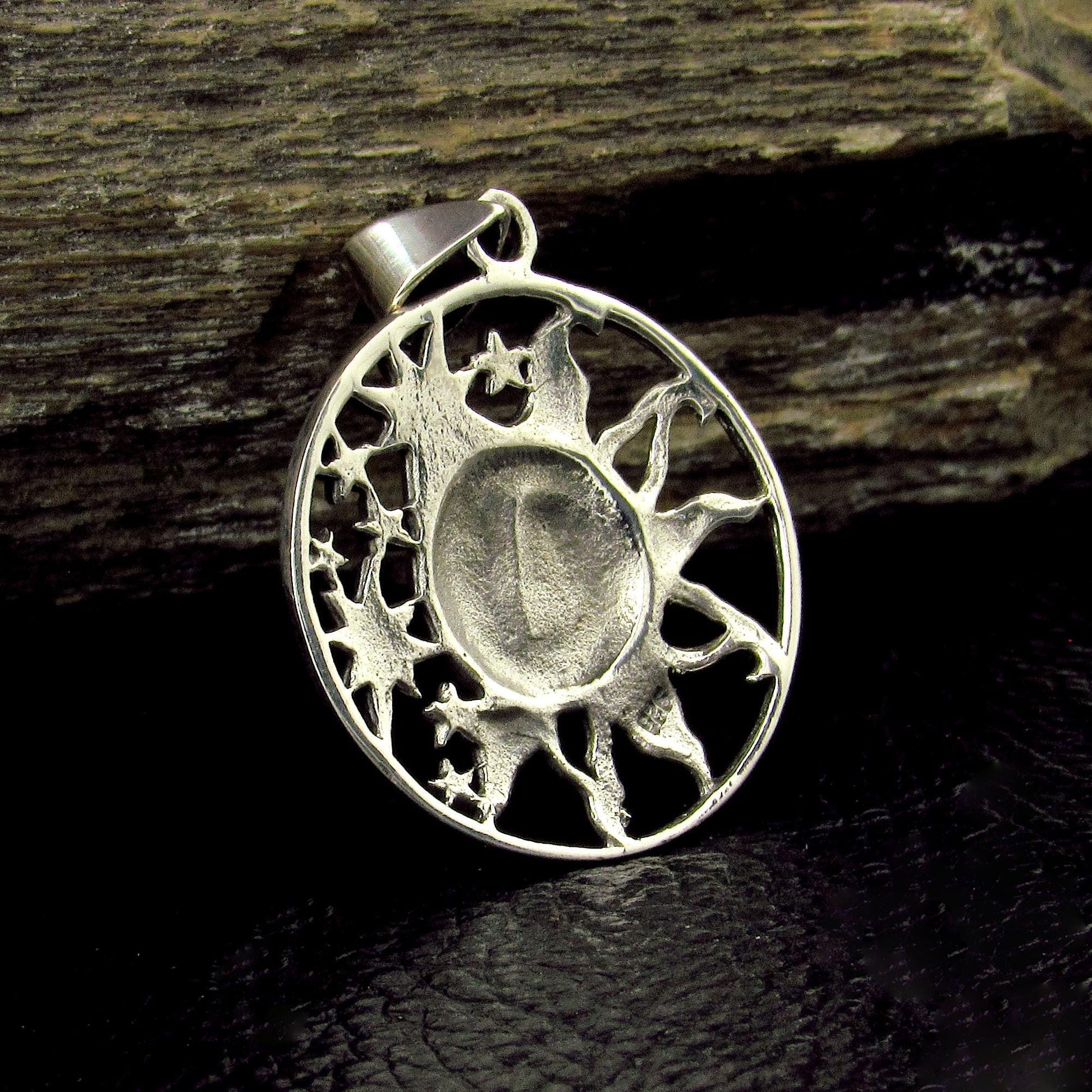 Solid 925 Sterling Silver Sun and Stars Pendant, Celestial Faces Amulet, Cosmic Talisman