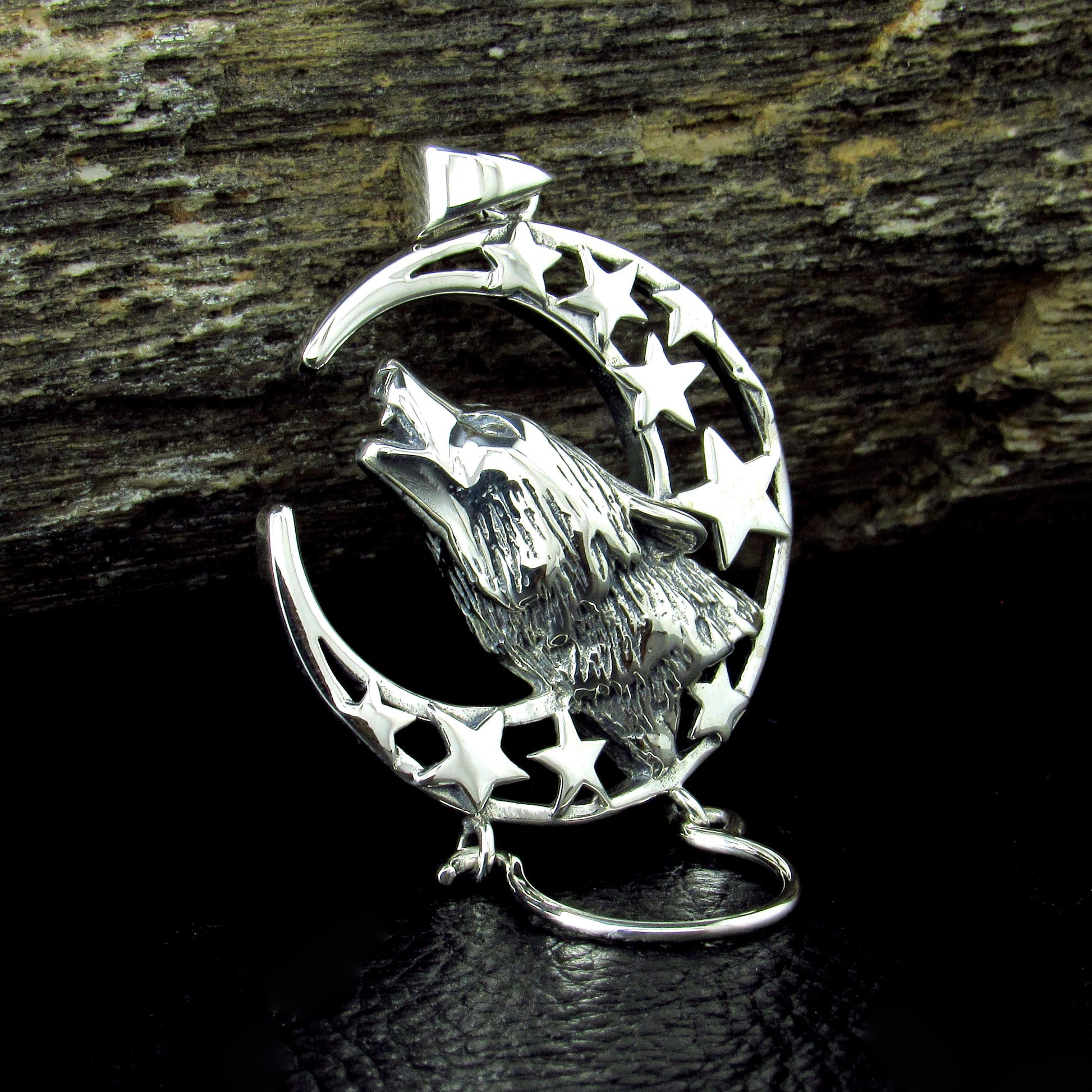 Solid 925 Sterling Silver Baying Wolf Charm Holder Pendant, Crescent Moon Star Celestial Amulet