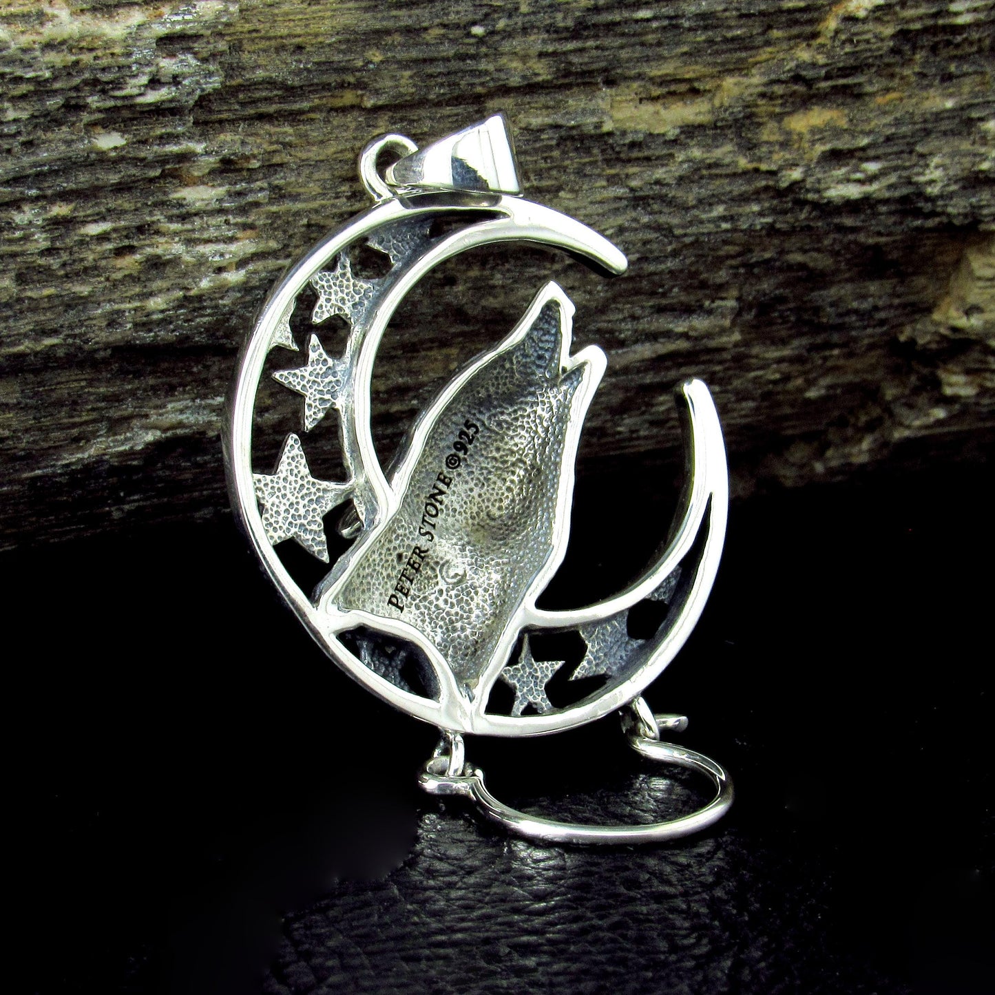 Solid 925 Sterling Silver Baying Wolf Charm Holder Pendant, Crescent Moon Star Celestial Amulet