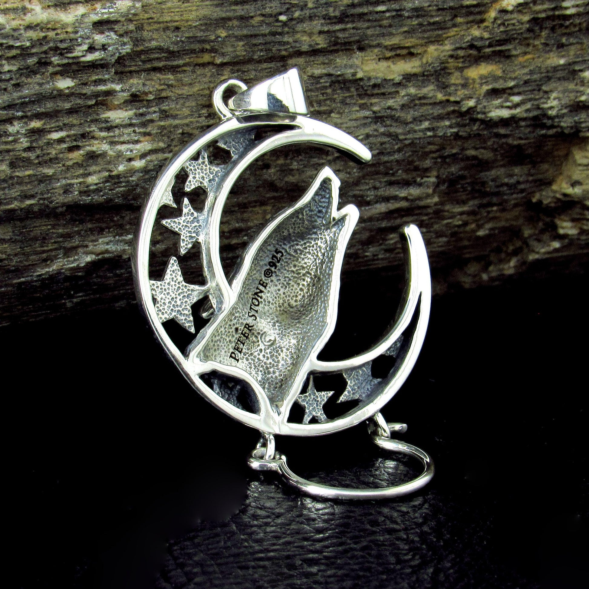 Solid 925 Sterling Silver Baying Wolf Charm Holder Pendant, Crescent Moon Star Celestial Amulet