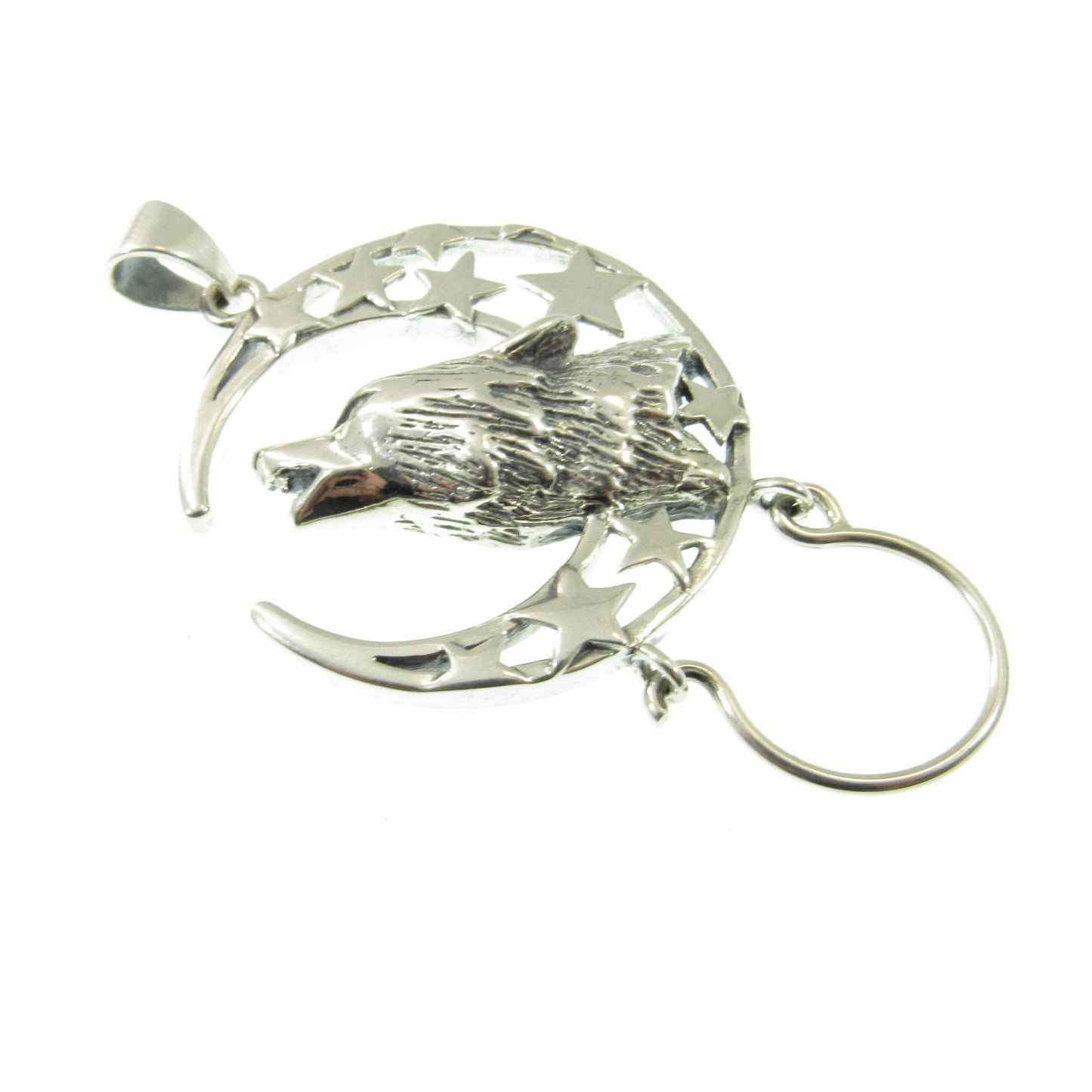 Solid 925 Sterling Silver Baying Wolf Charm Holder Pendant, Crescent Moon Star Celestial Amulet