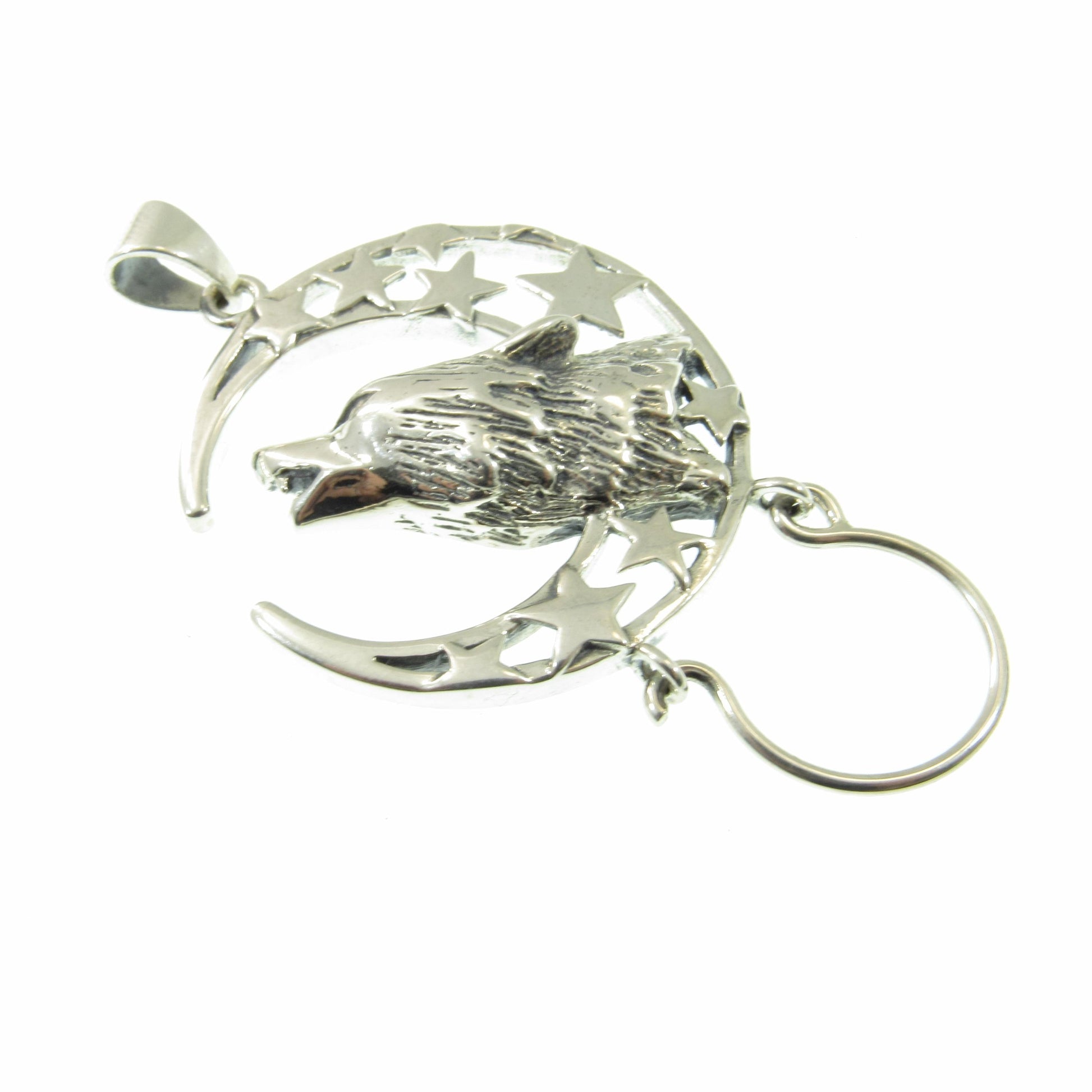 Solid 925 Sterling Silver Baying Wolf Charm Holder Pendant, Crescent Moon Star Celestial Amulet
