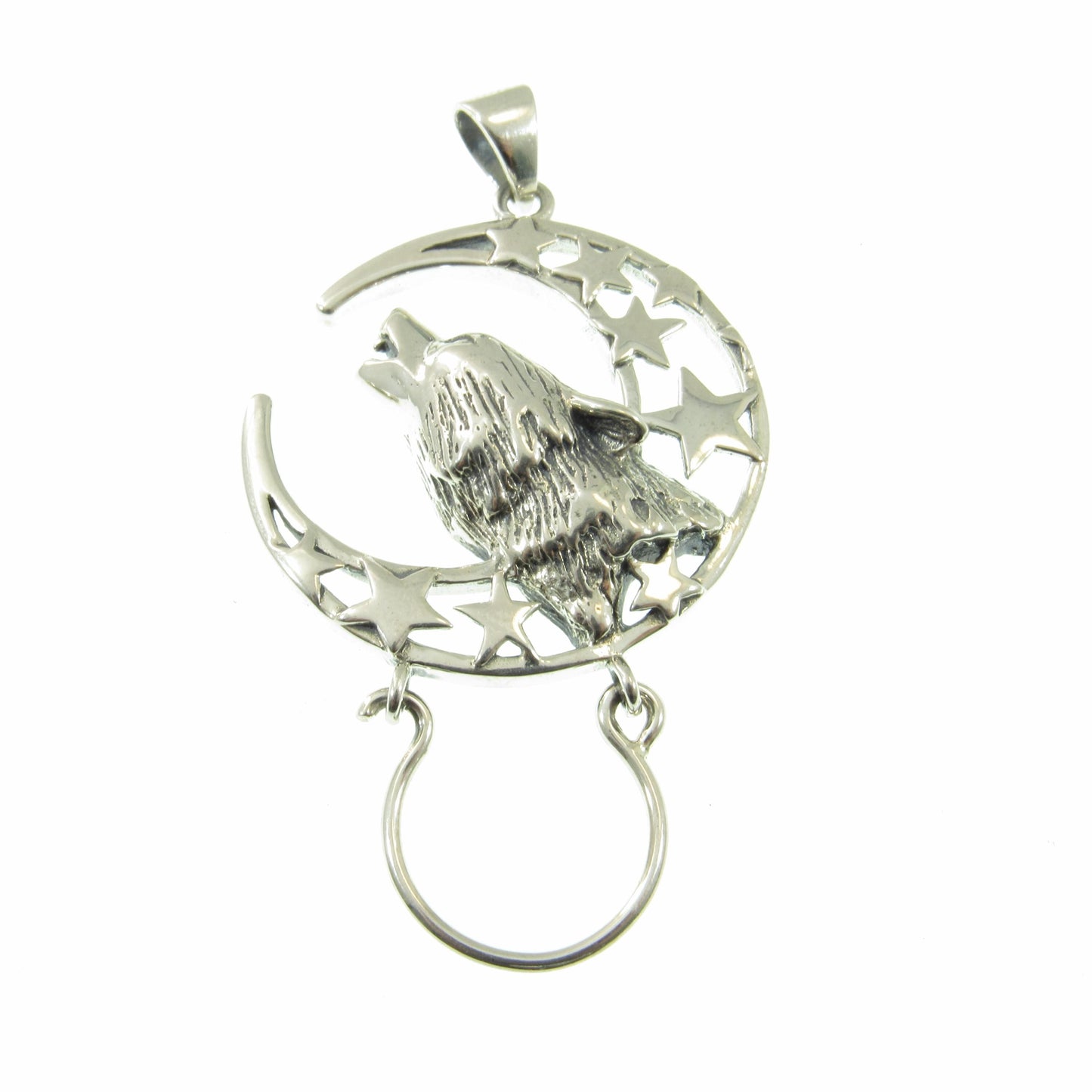 Solid 925 Sterling Silver Baying Wolf Charm Holder Pendant, Crescent Moon Star Celestial Amulet