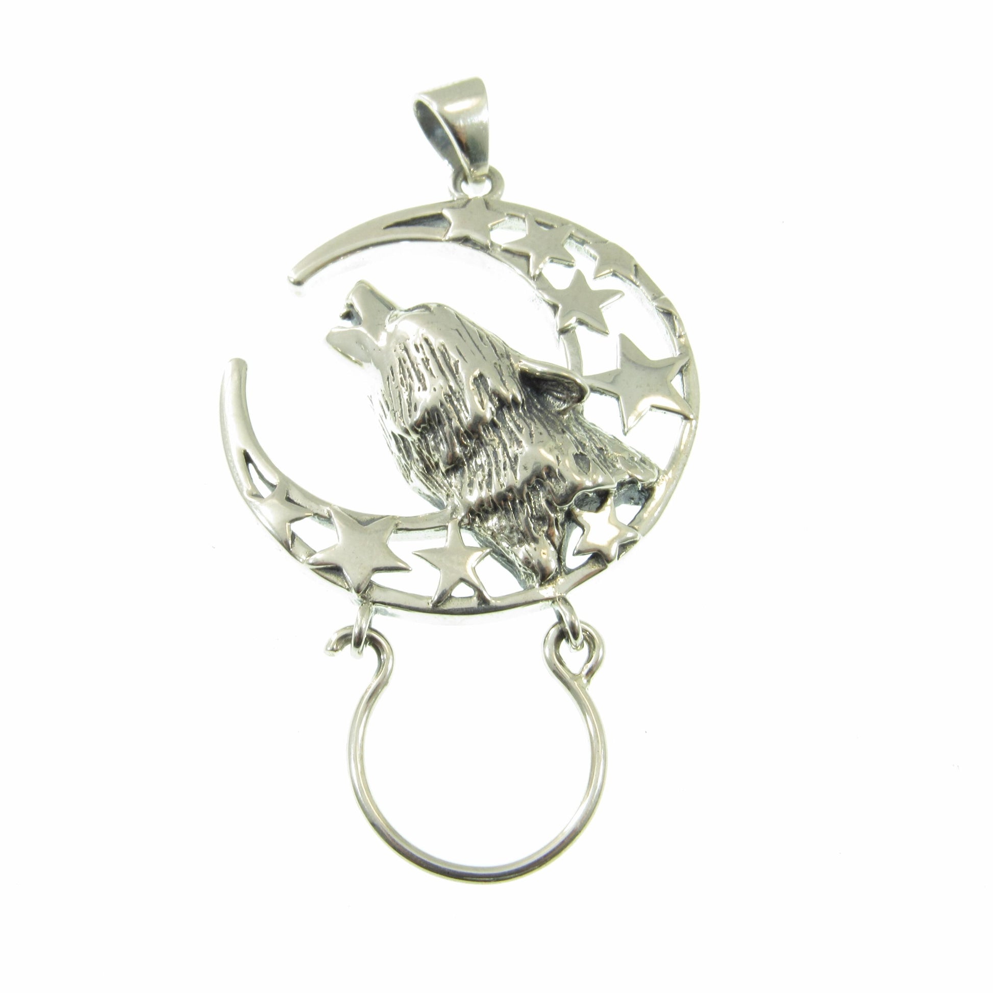 Solid 925 Sterling Silver Baying Wolf Charm Holder Pendant, Crescent Moon Star Celestial Amulet
