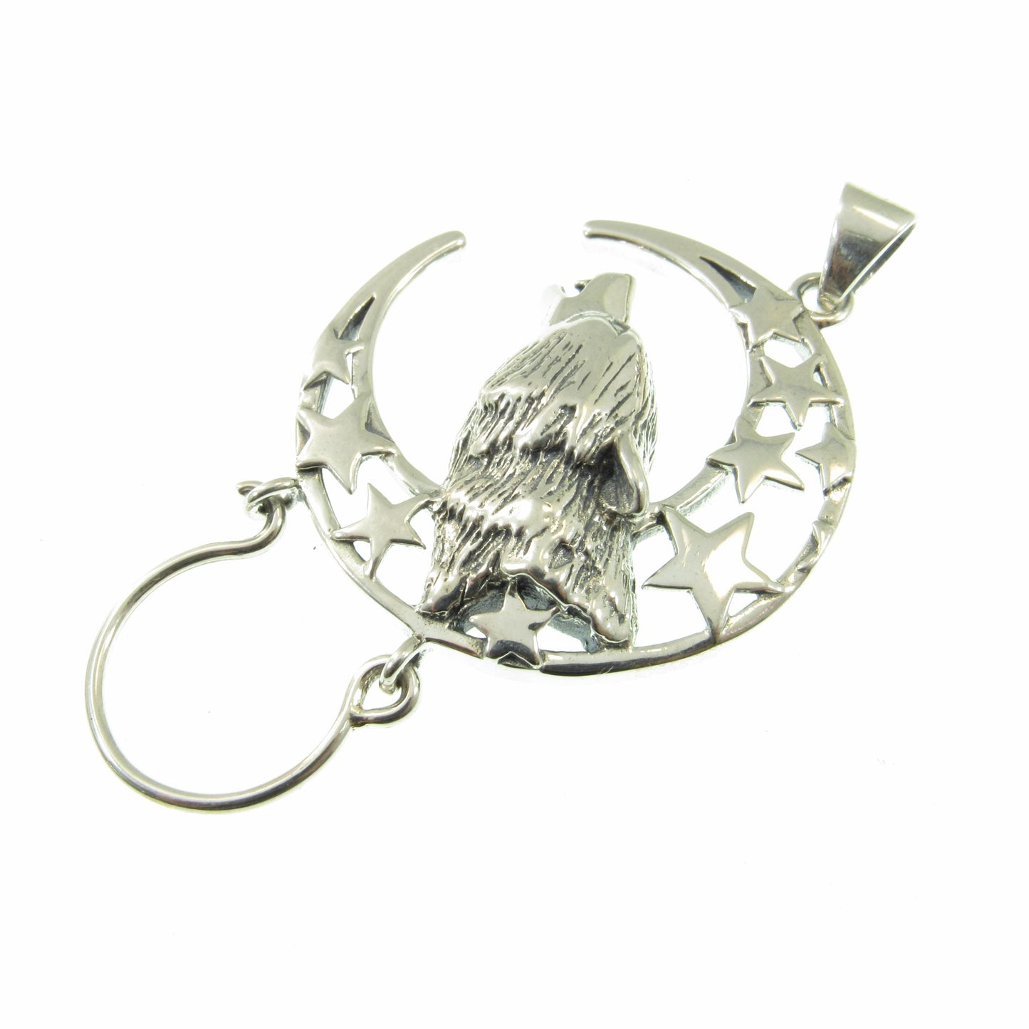 Solid 925 Sterling Silver Baying Wolf Charm Holder Pendant, Crescent Moon Star Celestial Amulet