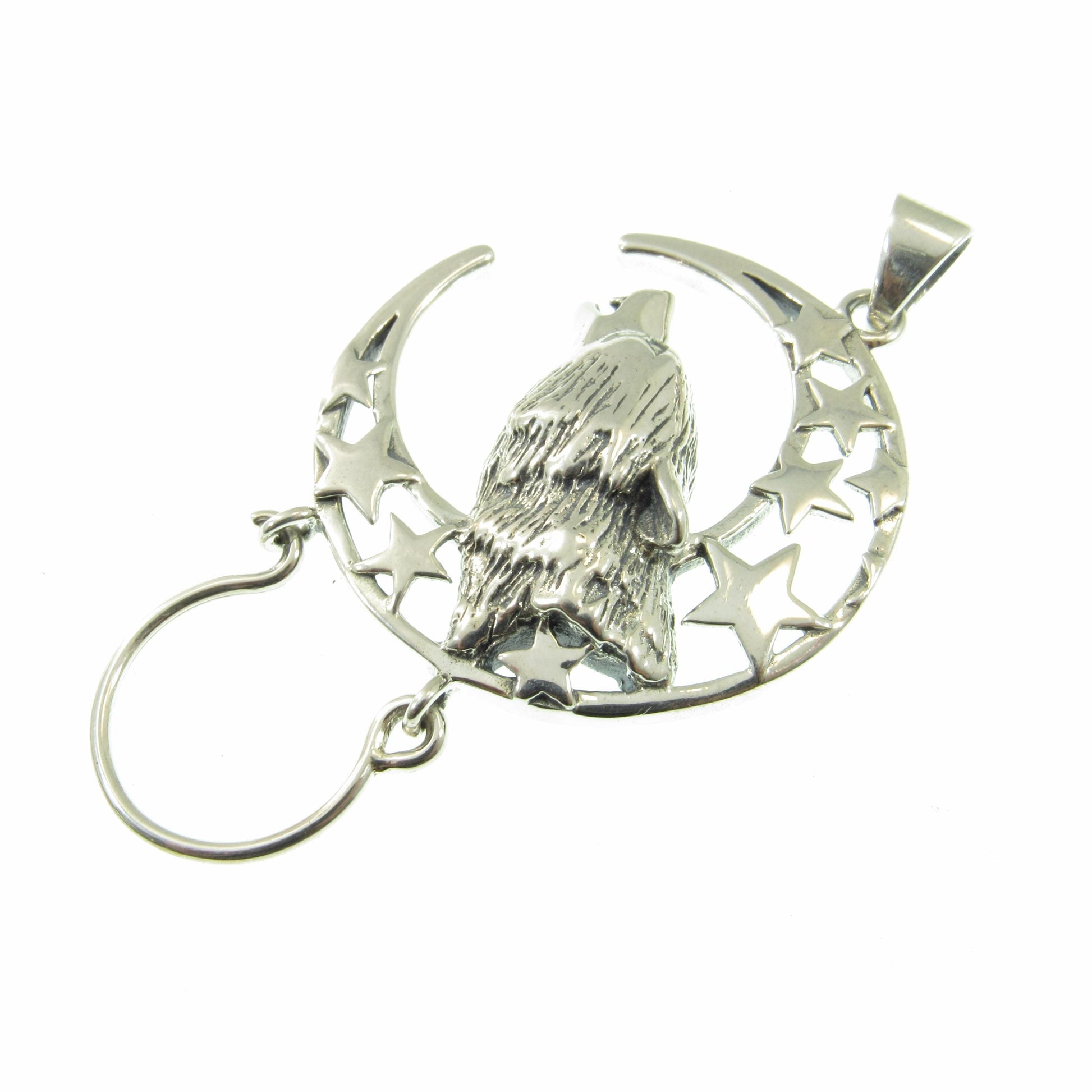 Solid 925 Sterling Silver Baying Wolf Charm Holder Pendant, Crescent Moon Star Celestial Amulet