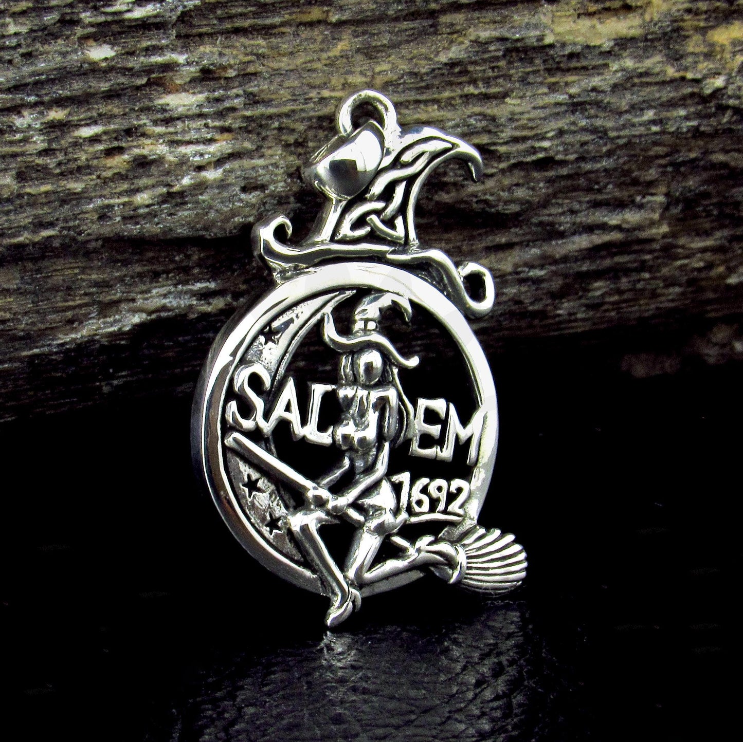 Solid 925 Sterling Silver Salem Witch Pendant, 1692 Salem Witch Trial Amulet, Occultist Flying on Broom, Celtic Knots Crescent Moon Pendant