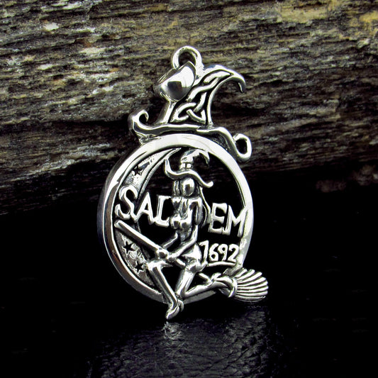 Solid 925 Sterling Silver Salem Witch Pendant, 1692 Salem Witch Trial Amulet, Occultist Flying on Broom, Celtic Knots Crescent Moon Pendant