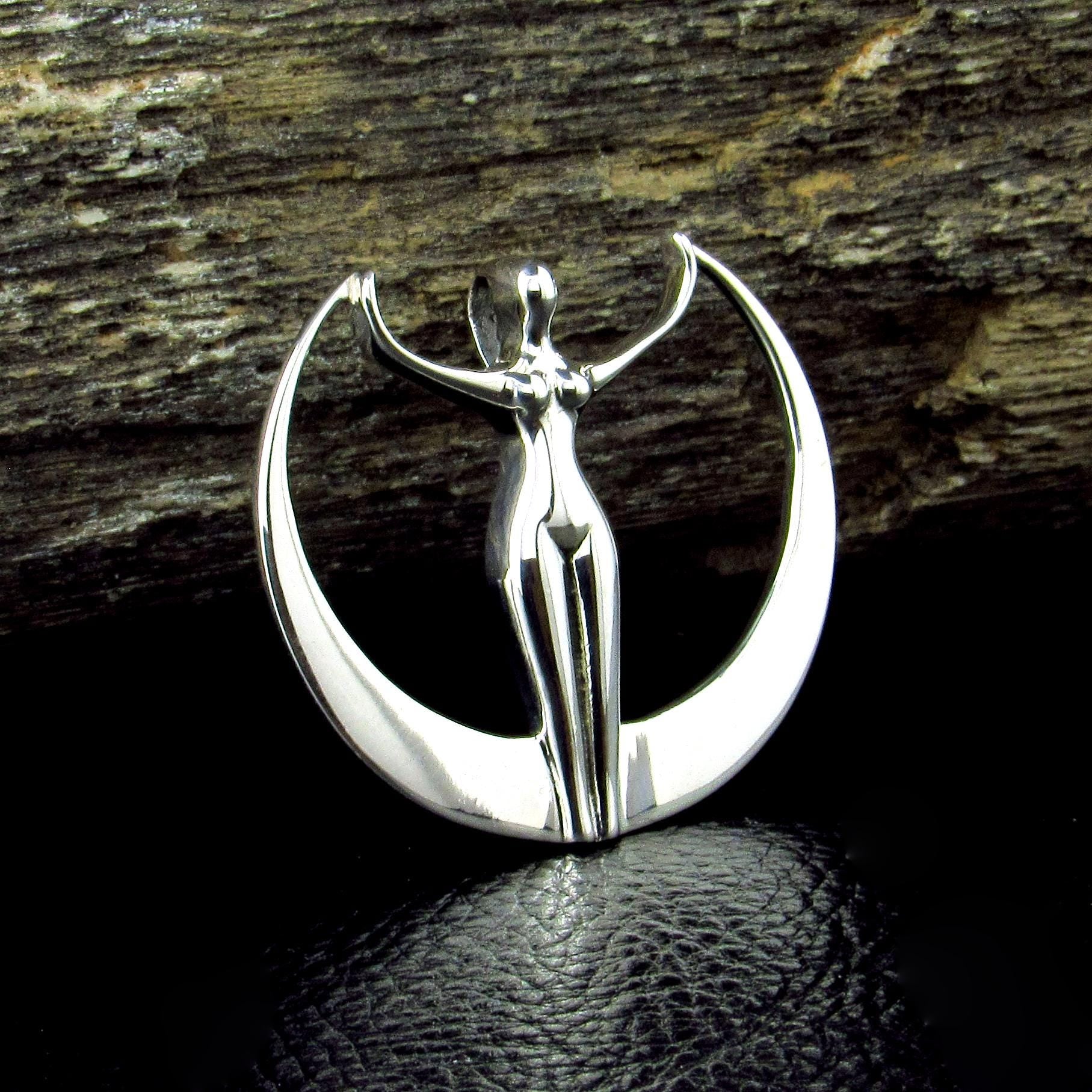 Solid 925 Sterling Silver Astra Star Goddess Pendant, Art Deco Moon Goddess Necklace Amulet