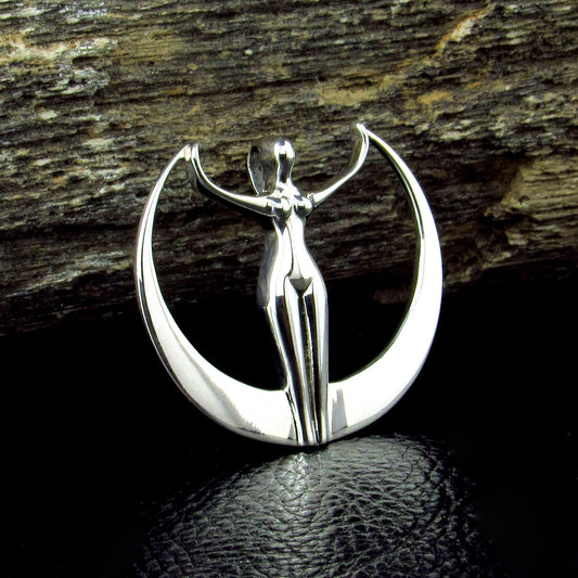 Solid 925 Sterling Silver Astra Star Goddess Pendant, Art Deco Moon Goddess Necklace Amulet