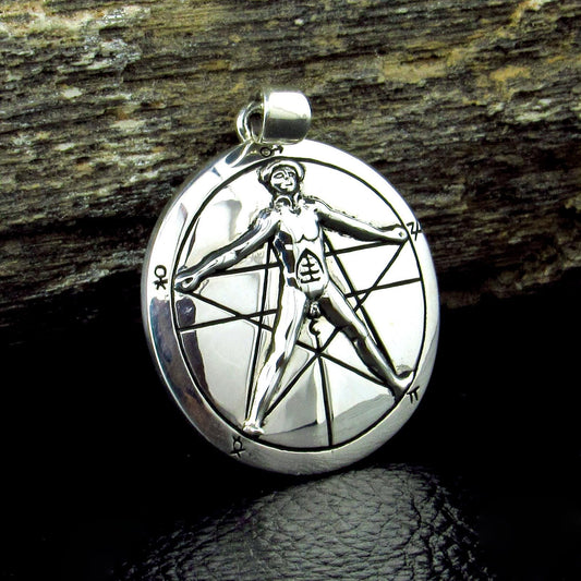 Solid 925 Sterling Silver Vitruvian Man Pentacle Pendant – Alchemical Symbol, Da Vinci Inspired Amulet