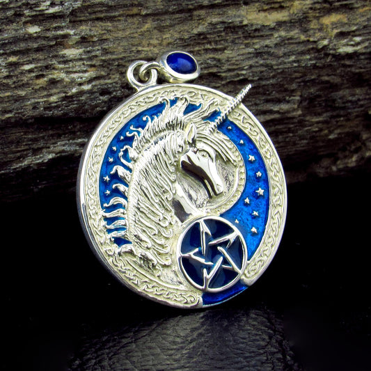 Solid 925 Sterling Silver Celtic Unicorn Pendant, Pagan Pentagram Amulet, Blue Enamel Accents w/ Sapphire Gemstone, Magick Pentacle