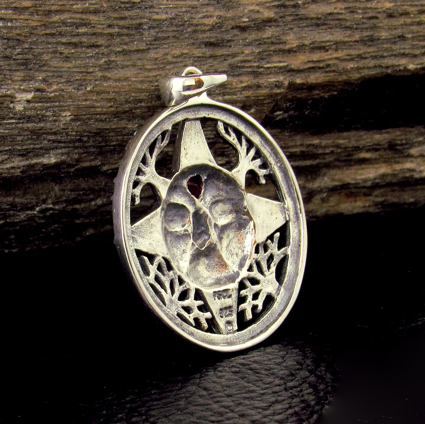 Solid 925 Sterling Silver Winter Sun Face Pendant with Ruby Heart, Celtic Knot Snowflakes