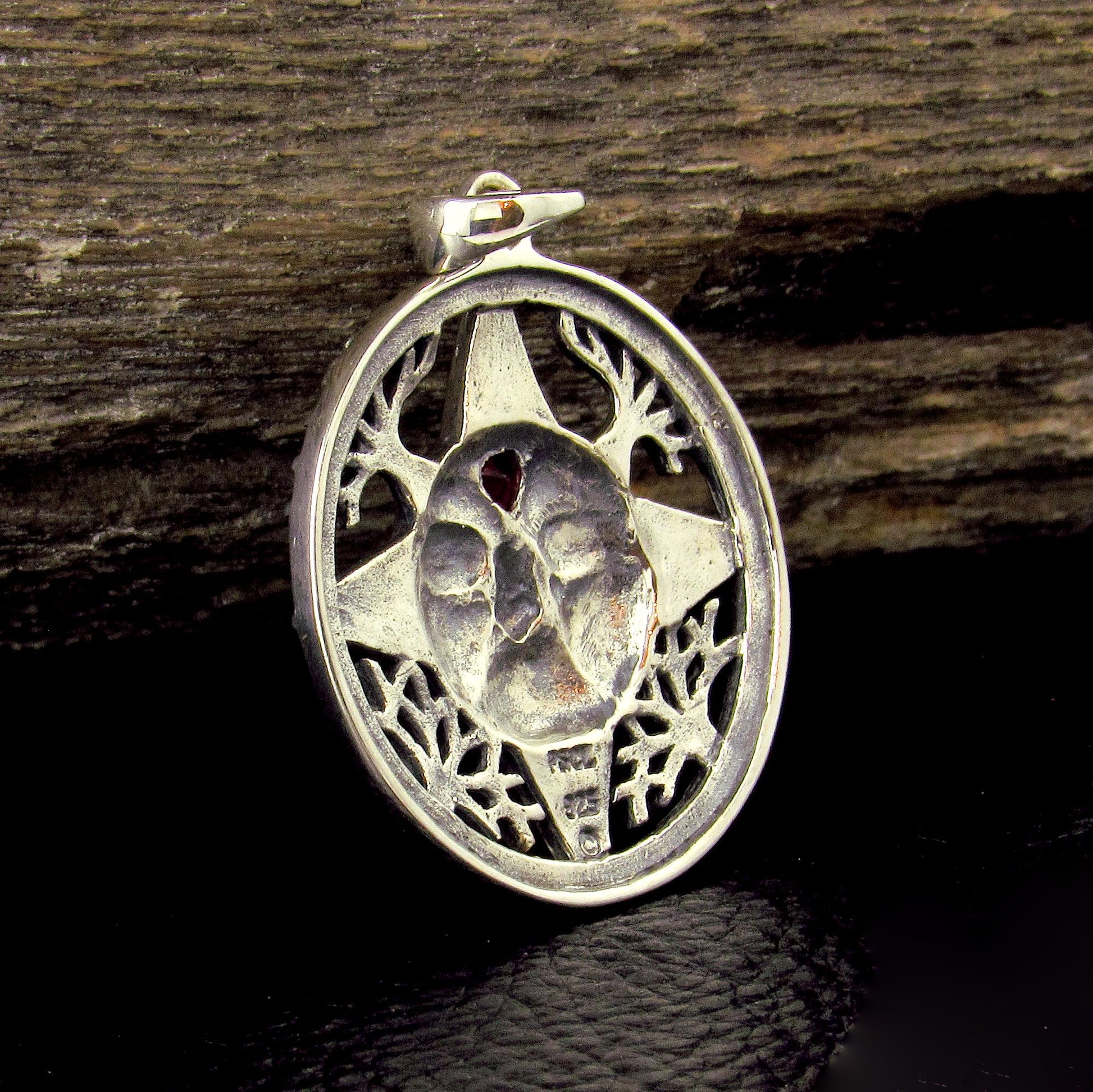 Solid 925 Sterling Silver Winter Sun Face Pendant with Ruby Heart, Celtic Knot Snowflakes