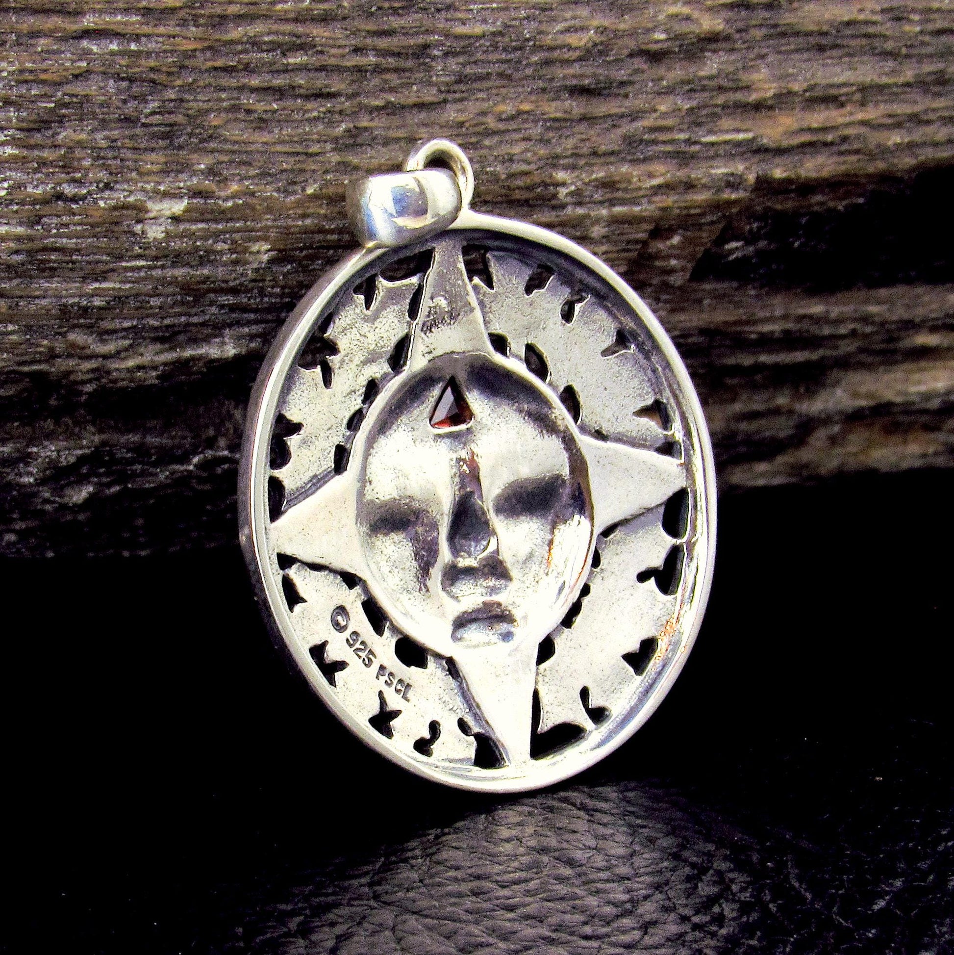 Solid 925 Sterling Silver Autumn Sun Face Pendant with Garnet, Celtic Leaf Solar Talisman