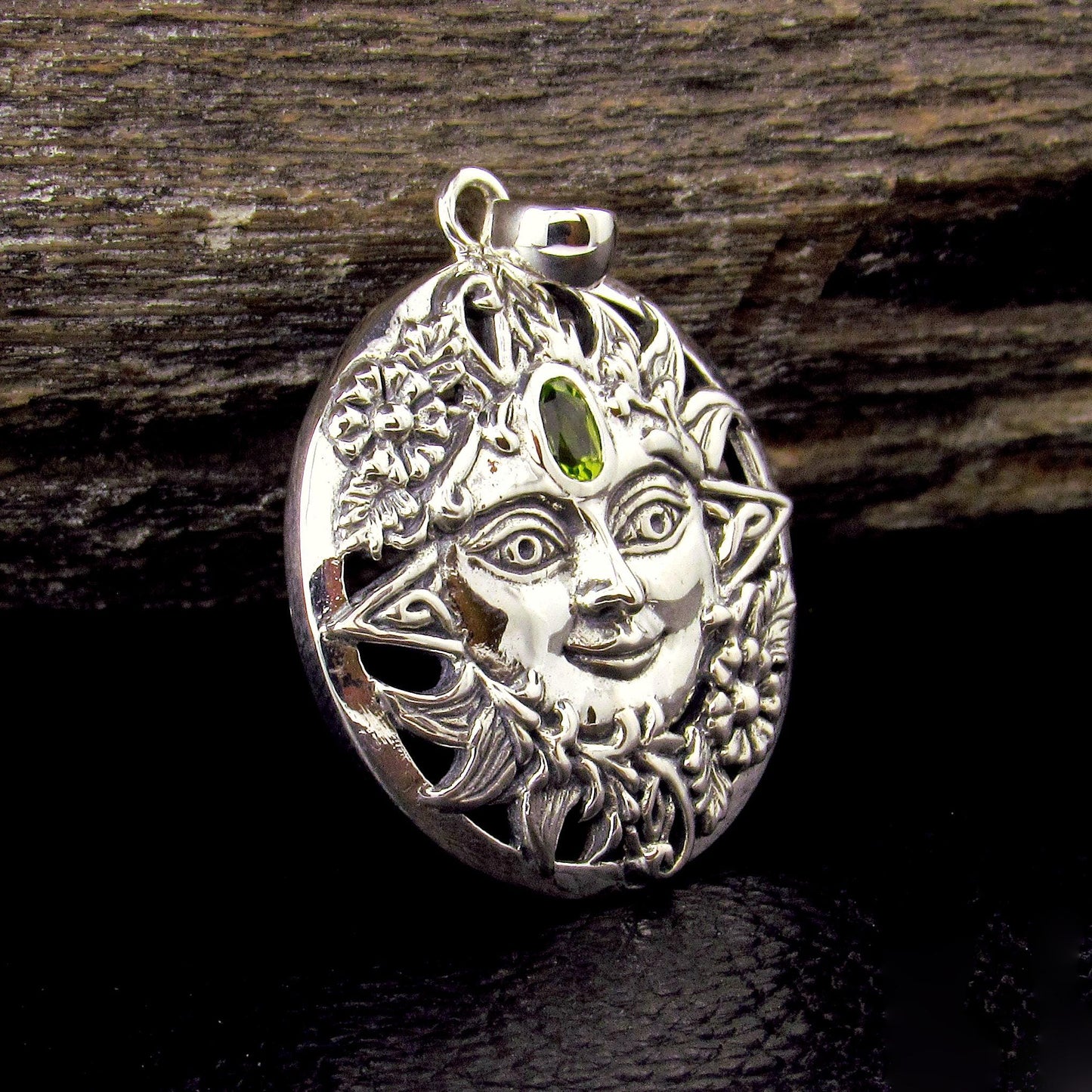 Solid 925 Sterling Silver Spring Sun Face Pendant with Peridot, Floral Solar Talisman