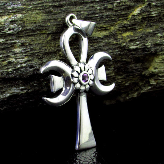 Solid 925 Sterling Silver Triple Moon Goddess Ankh With Amethyst, Ancient Egyptian Cross of Eternal Life
